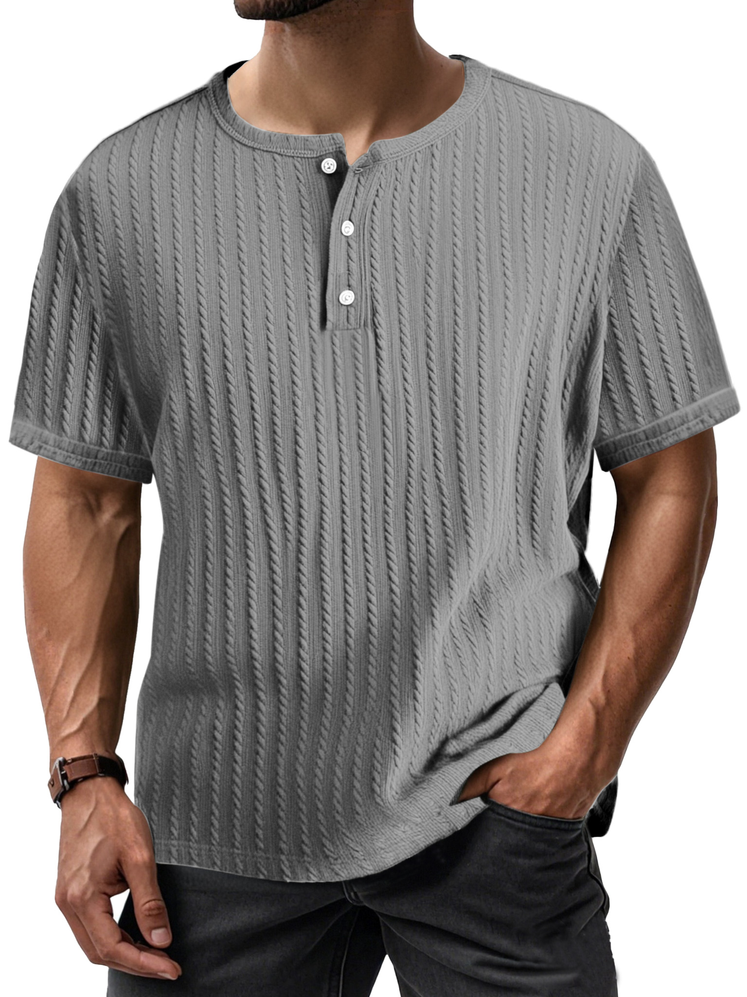 Men's Simple Casual Textured Short-sleeved Henley Shirt