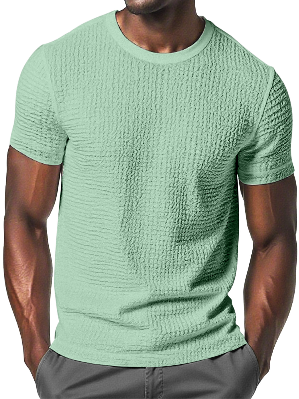 Men's Daily Solid Color Pleated Texture Comfortable Round Neck Short-sleeved T-shirt