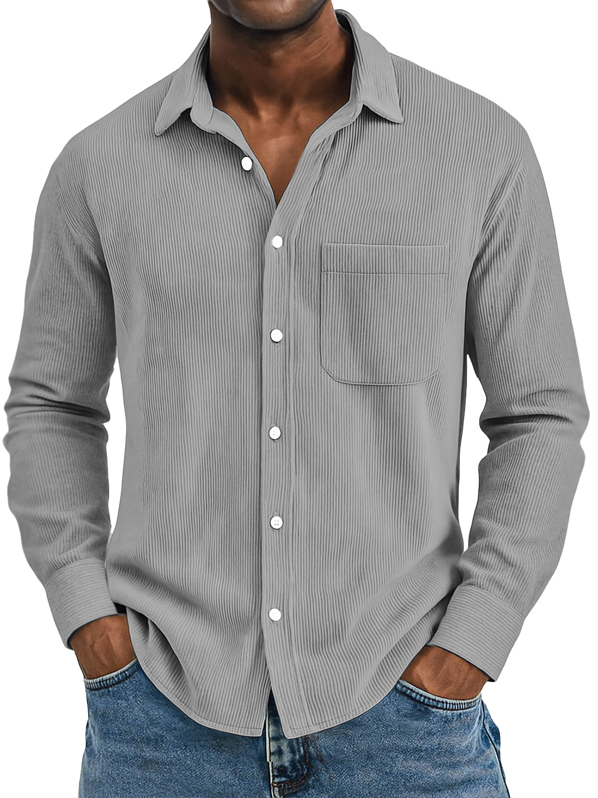 Men's Casual Solid Color Vertical Pit Strip Pocket Lapel Long-sleeved Shirt