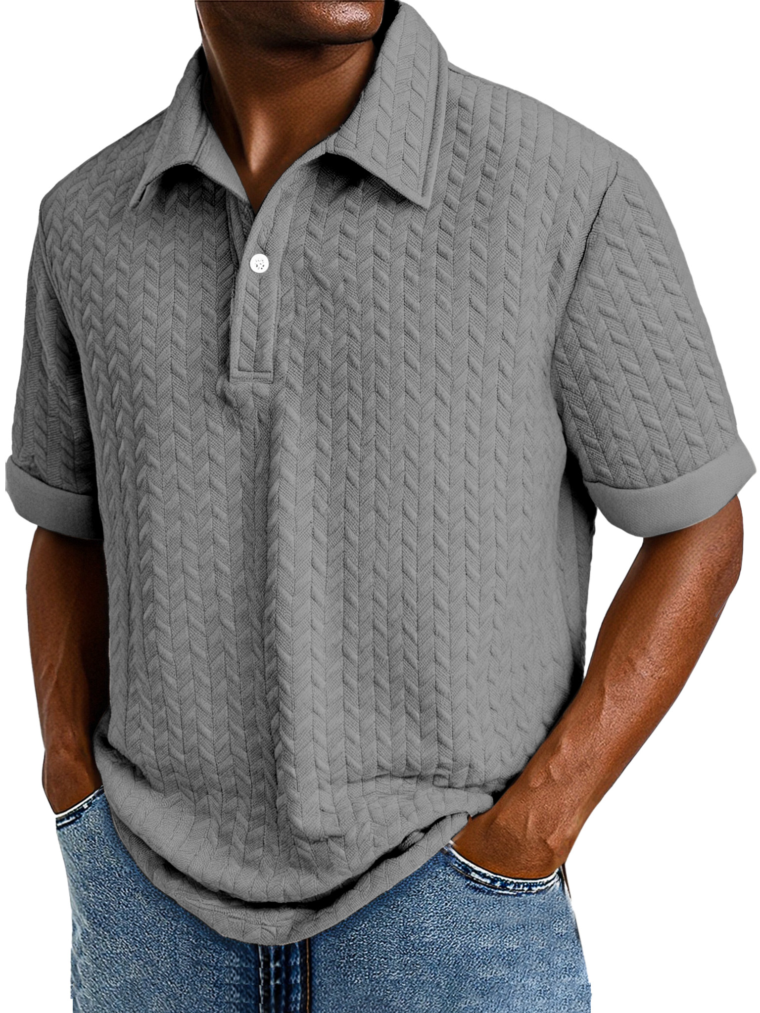 Men's Comfortable Solid Color Textured Short-sleeved Lapel Polo Shirt