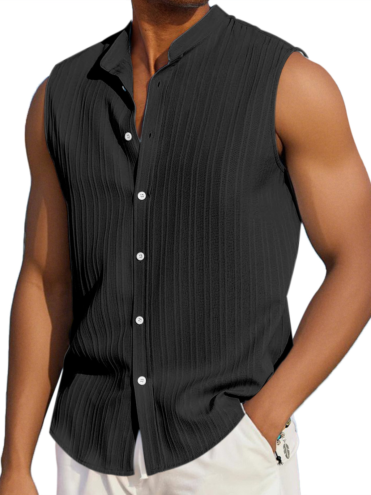 Men's Summer Casual Solid Color Vertical Stripe Loose Lapel Button Sleeveless Shirt