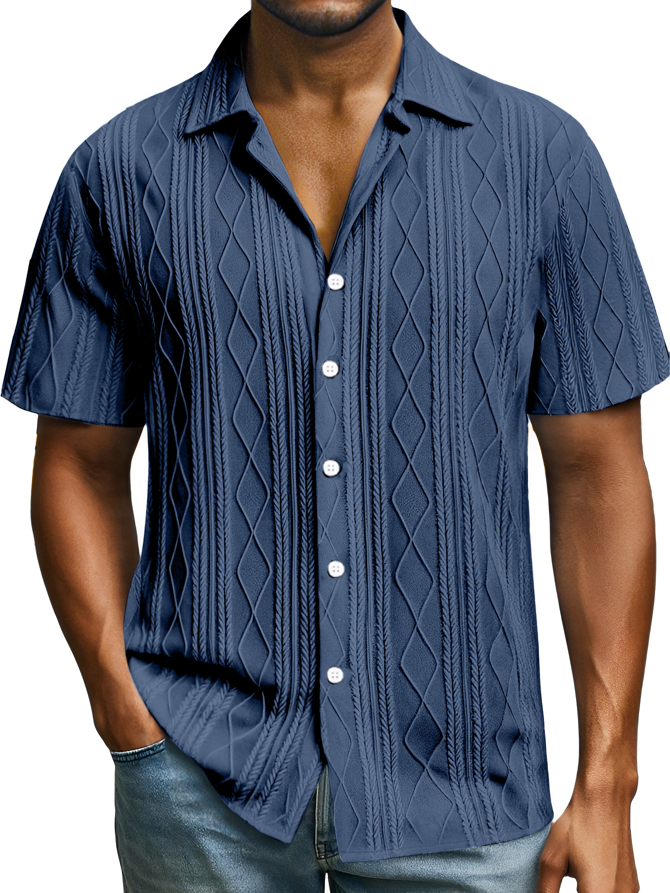 Men's Casual Daily Simple Solid Color Texture Button Lapel Short-sleeved Shirt