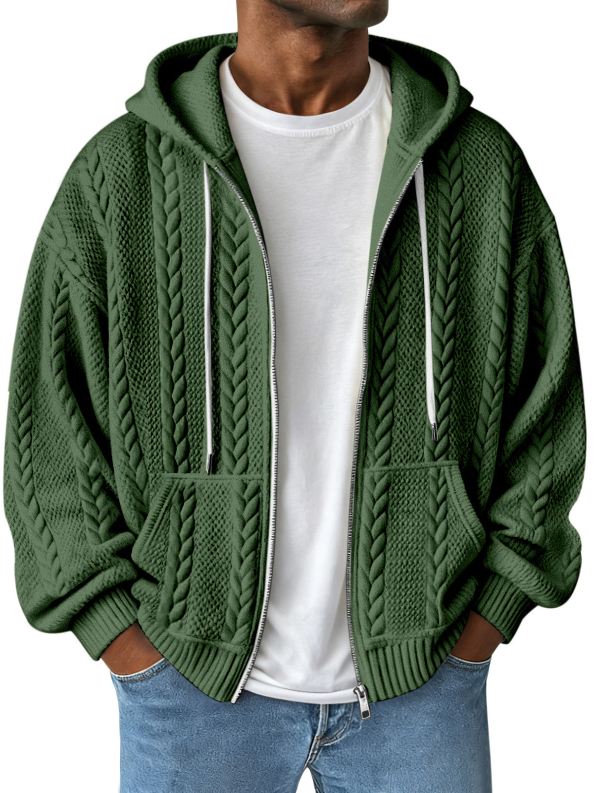 Simple Solid Color Jacquard Hooded Long-sleeved Zipper Jacket