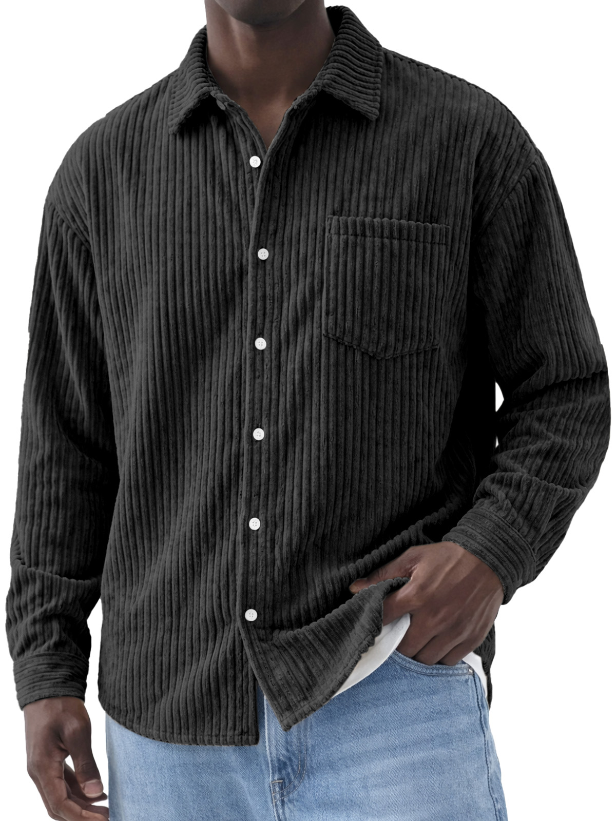 Men's Simple Solid Color Corduroy Long-Sleeve Polo Shirt