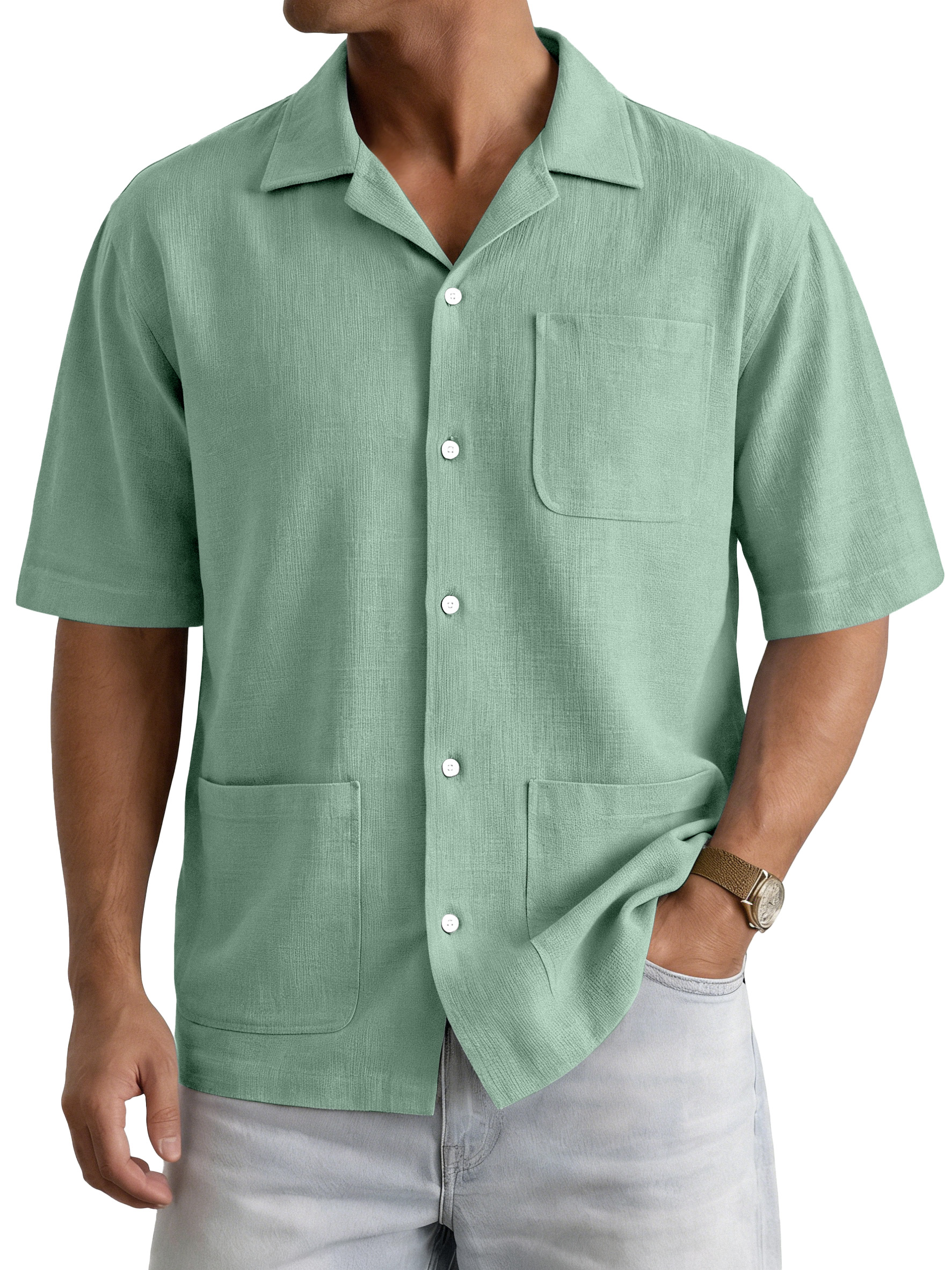 Men's Casual Simple Solid Color Multi-Pocket Cuban Collar Short-Sleeve Shirt