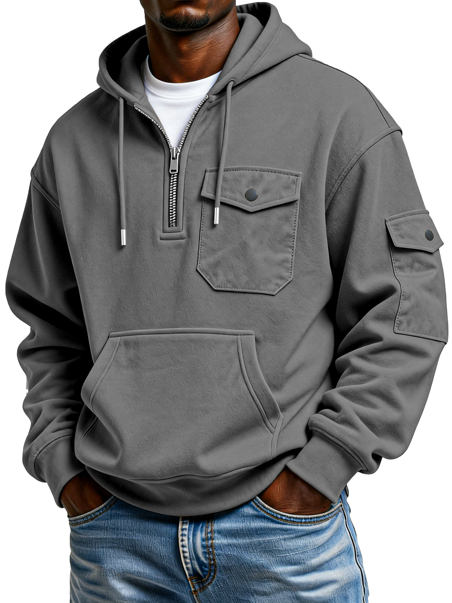 Men's Simple And Comfortable Multi-pocket Workwear Hooded Sweatshirt