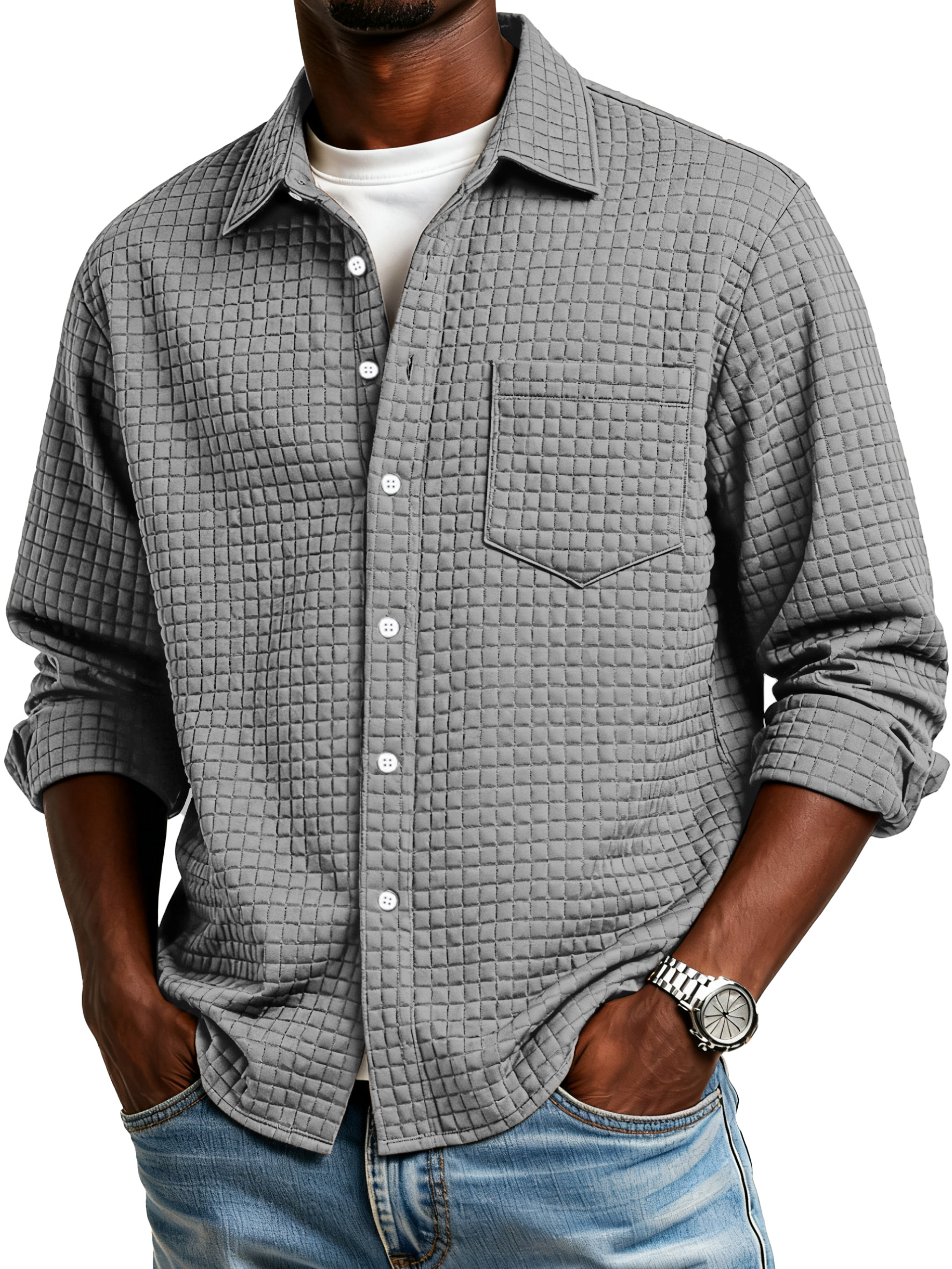 Men's Simple Small Checkered Textured Lapel Button-down Long-sleeved Shirt