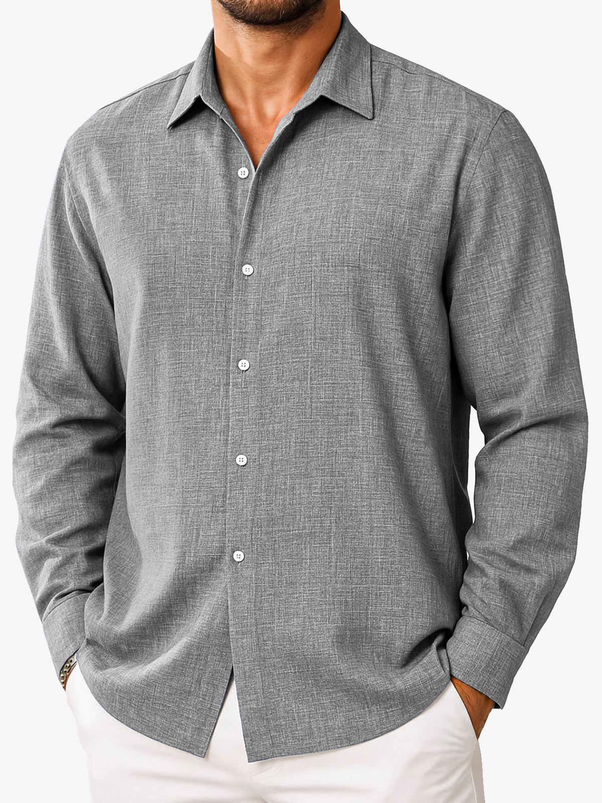 Men's Simple Casual Solid Color Comfortable Loose Lapel Long-sleeved Shirt