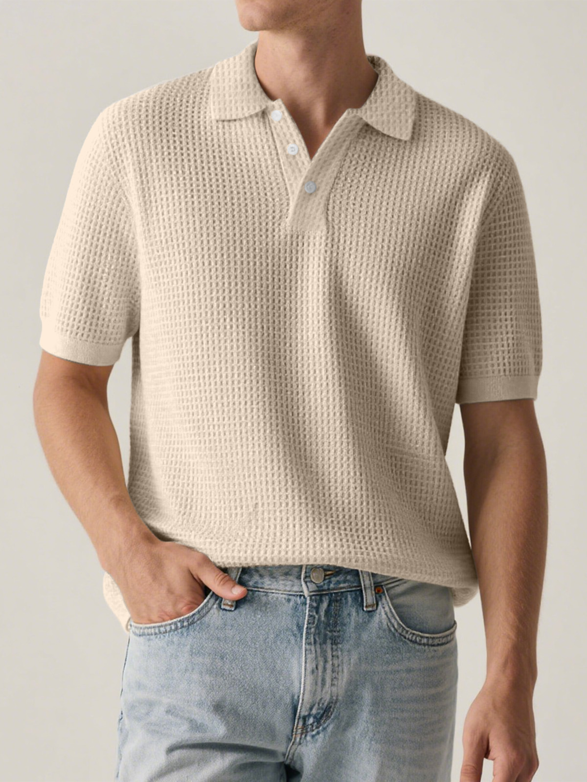 Men's Everyday Solid Color Waffle Short Sleeve Lapel Polo Shirt