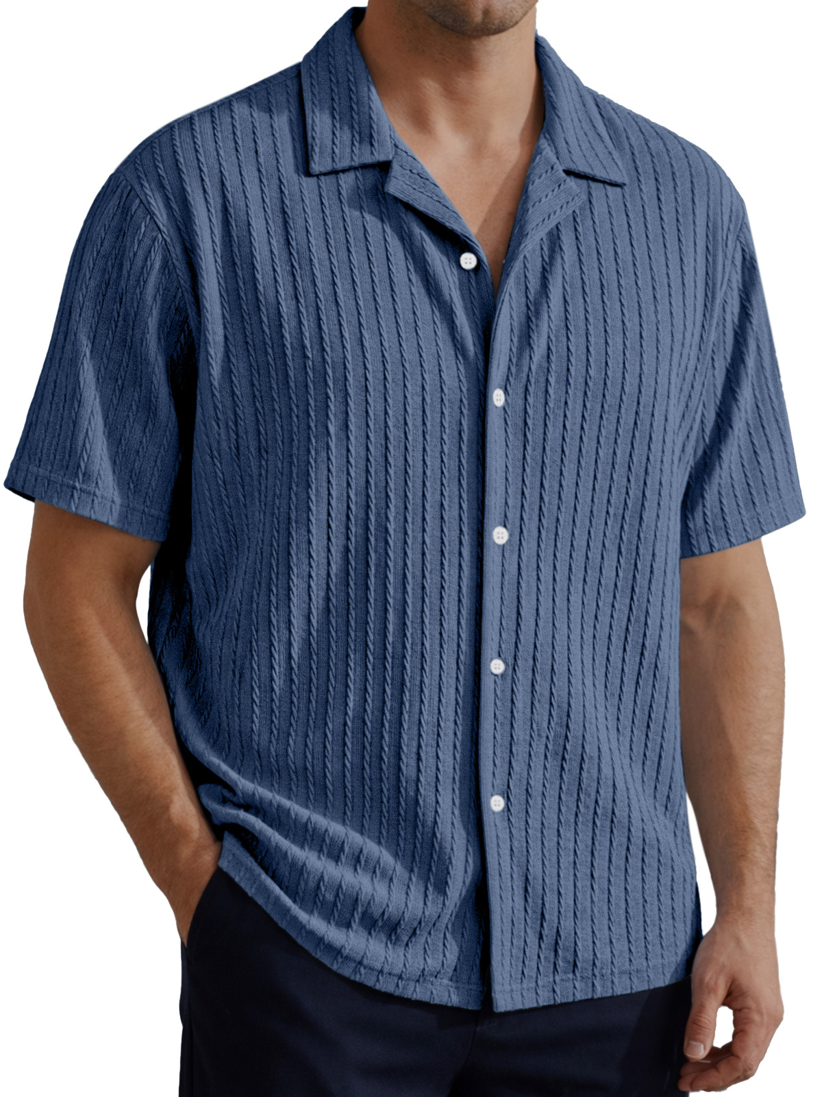 Men's Simple Solid Color Cable Knit Textured Short-Sleeve Collared Shirt