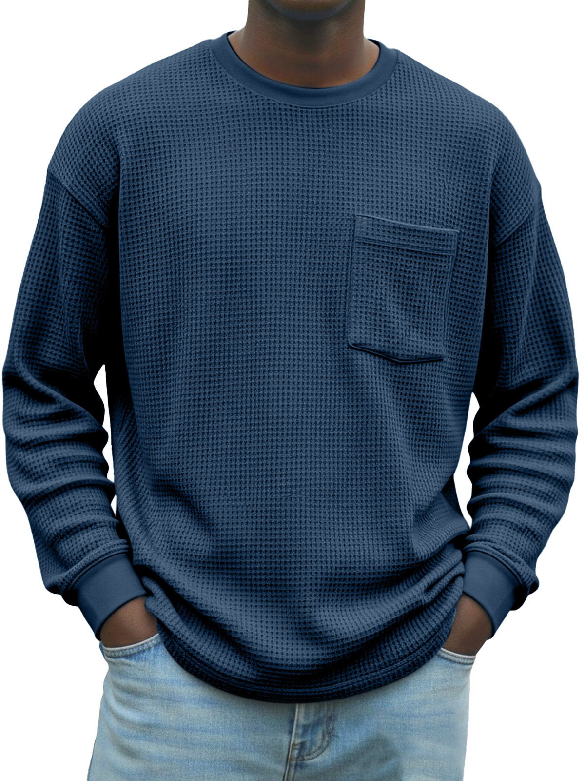 Men's Stylish Waffle-knit Pocket Long-sleeved Crew Neck T-shirt