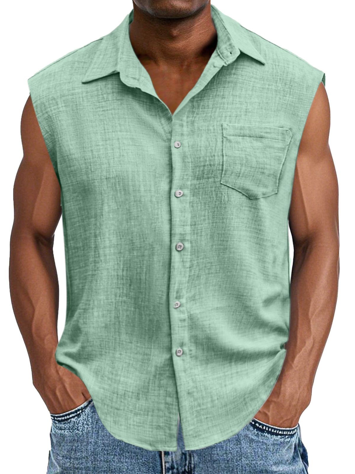 Men's Casual And Comfortable Imitation Linen Button Sleeveless Lapel Shirt