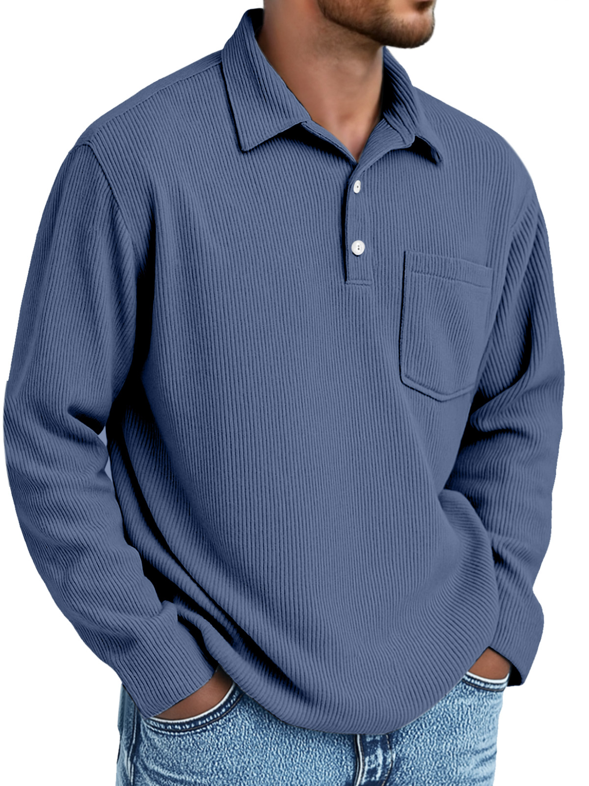 Men's Simple Daily Pitted Textured Lapel Long-sleeved Polo Shirt