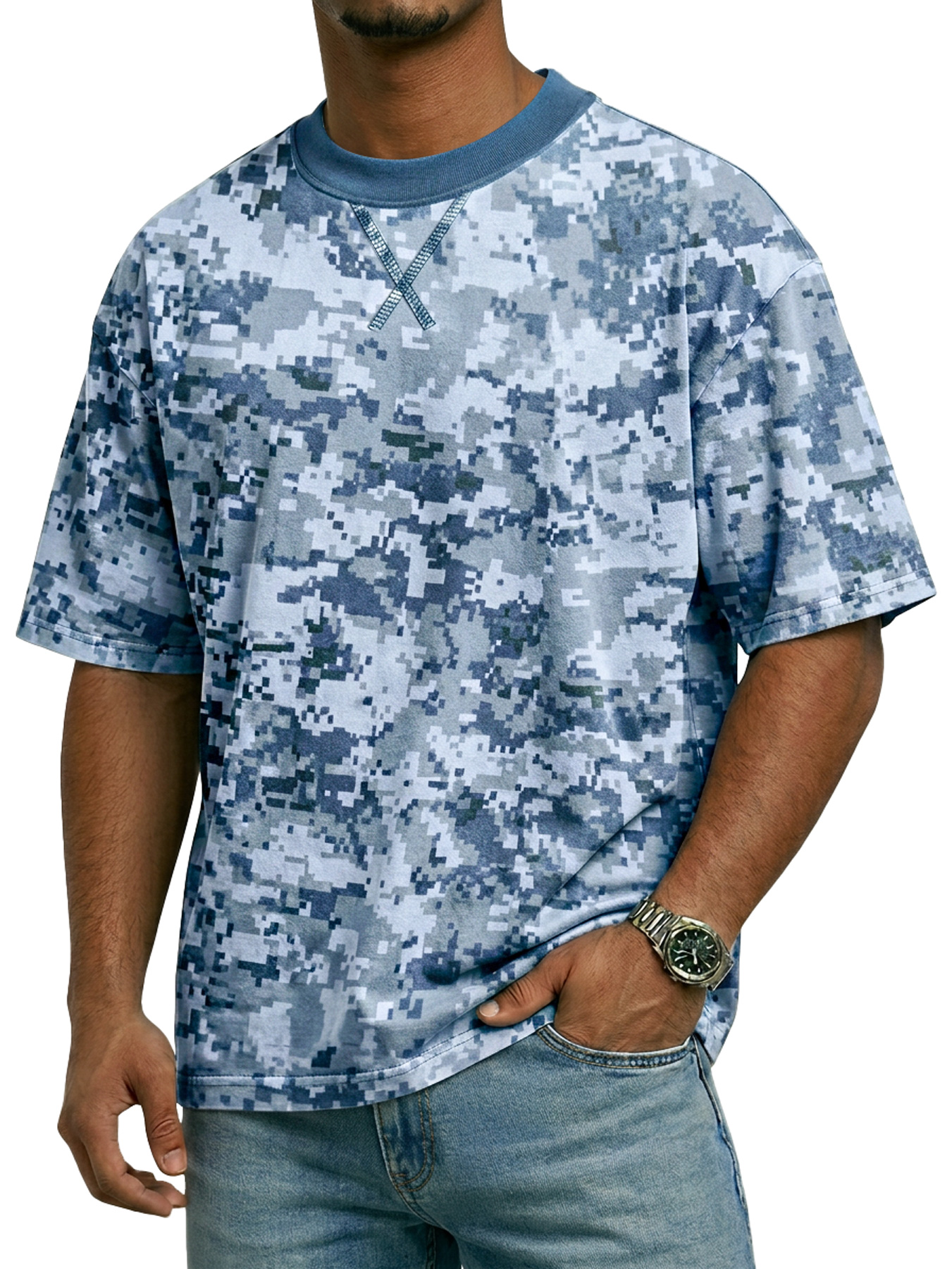 Men's Crew Neck Camouflage Crossover Design Casual Short-Sleeve T-Shirt