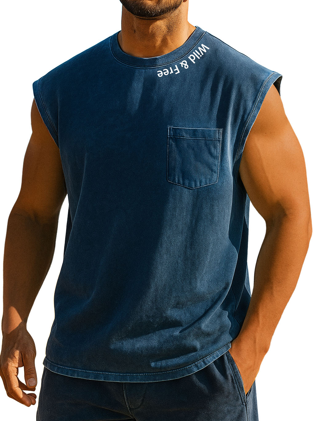 Men's Stylish Retro Distressed Pocket Wild And Liberty Print Sleeveless Top