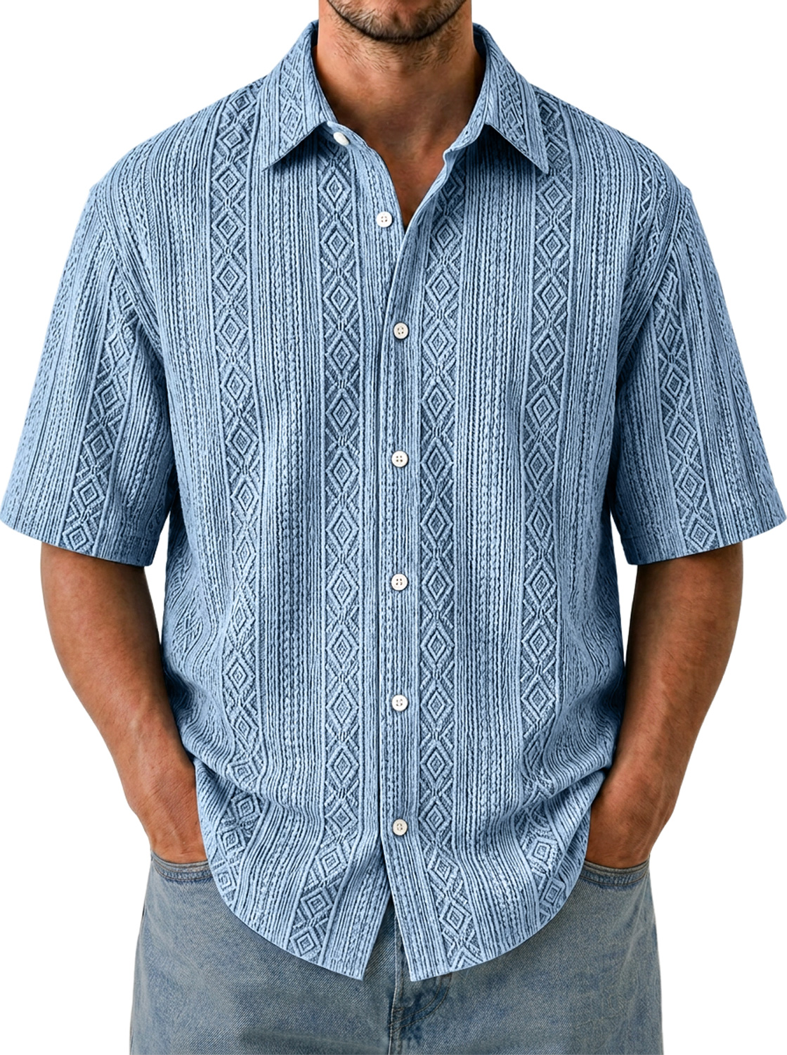Men's Solid-Color Short-Sleeve Casual Shirt with Jacquard Texture