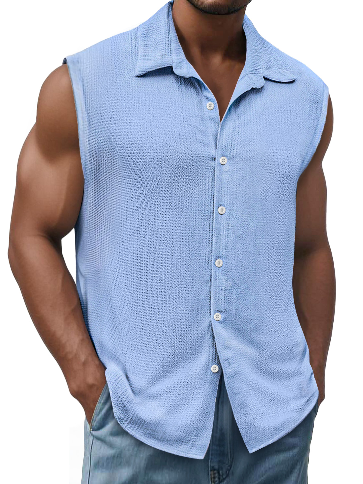 Men's Daily Texture Casual Lapel Solid Color Sleeveless Shirt