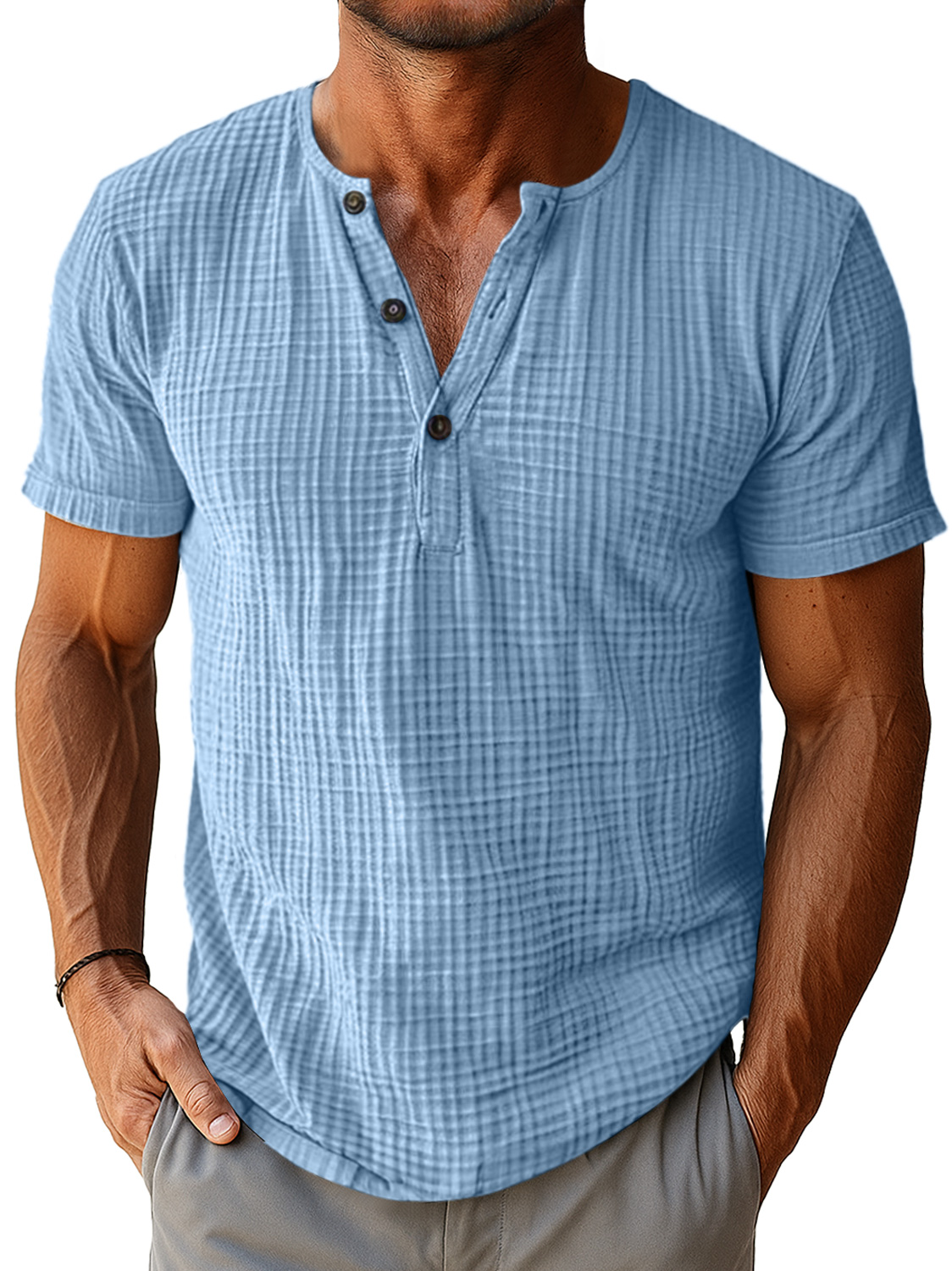 Men's Retro Everyday Pleated Texture Button Solid Color Short Sleeve Henley Shirt