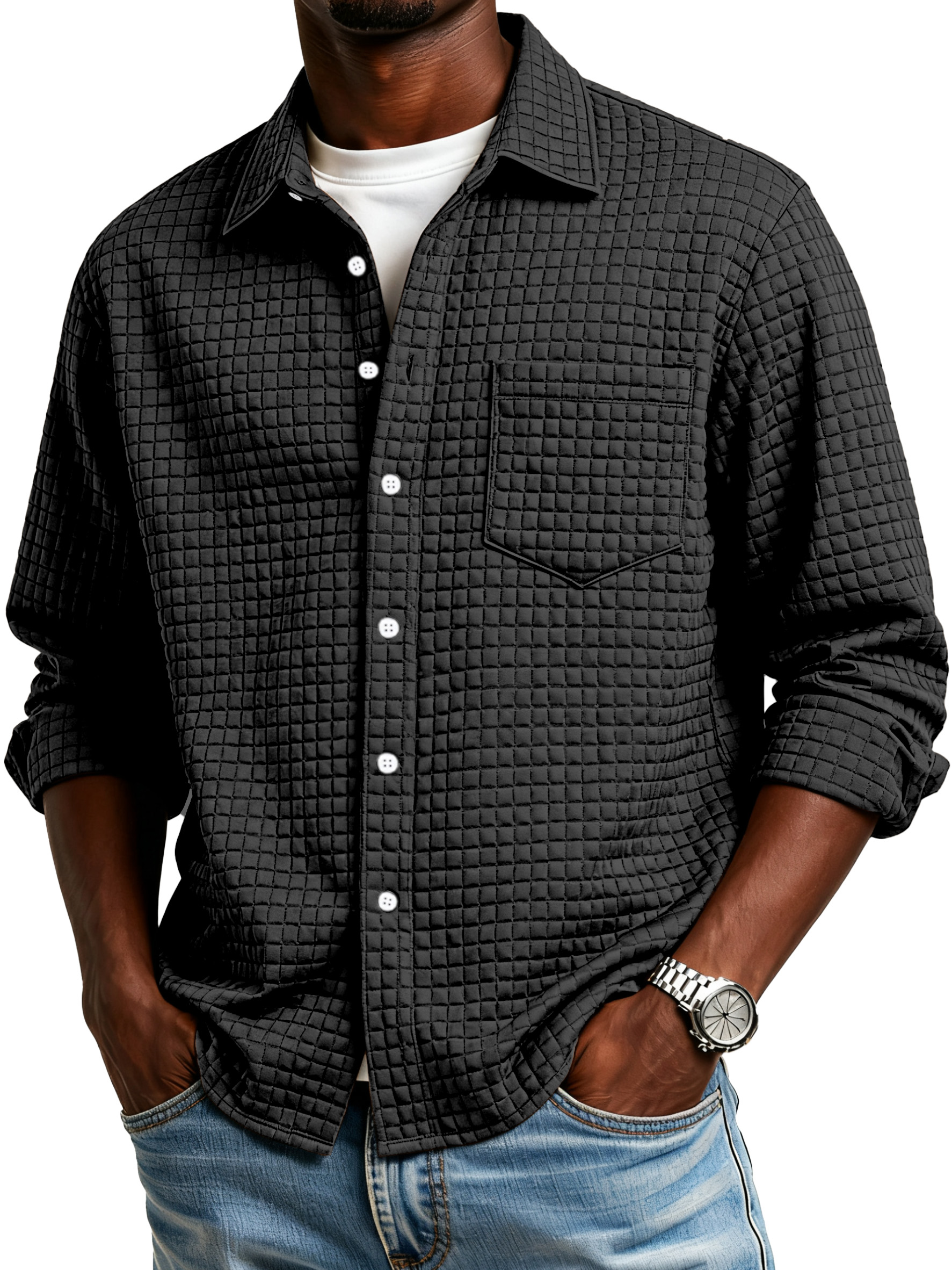 Men's Simple Small Checkered Textured Lapel Button-down Long-sleeved Shirt