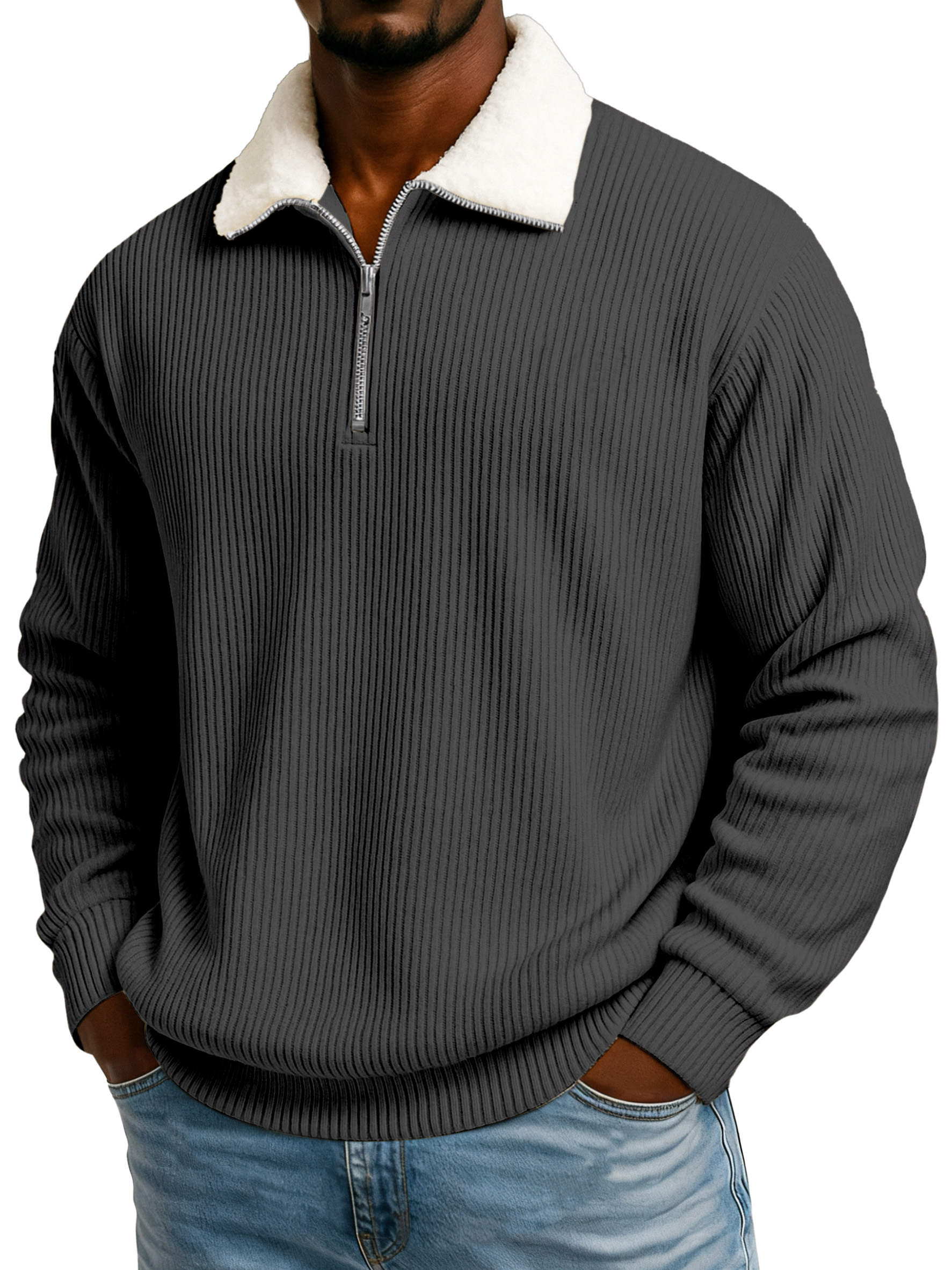 Men's Winter Pit Striped Plush Stand Collar Casual Sweatshirt