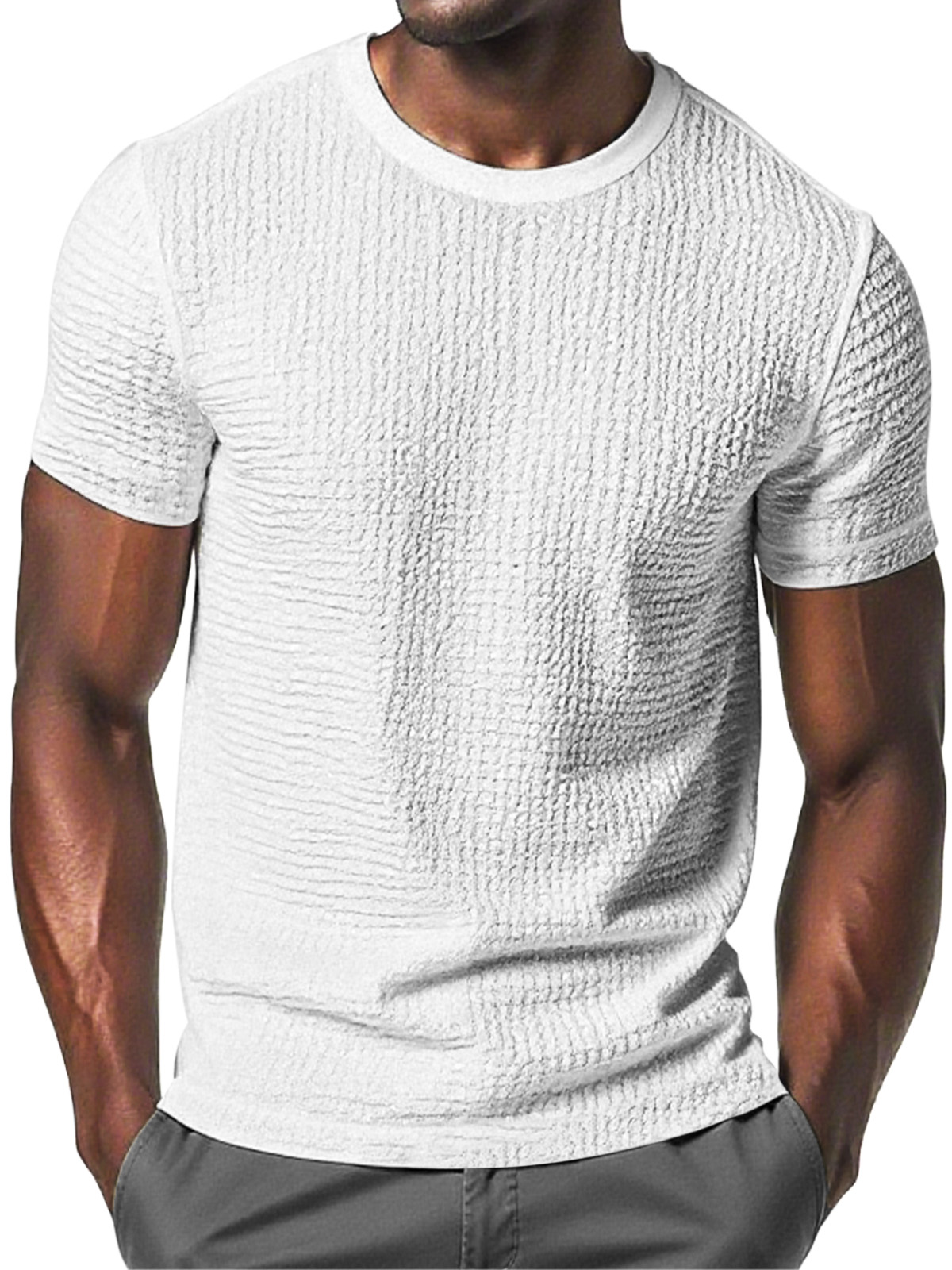 Men's Daily Solid Color Pleated Texture Comfortable Round Neck Short-sleeved T-shirt