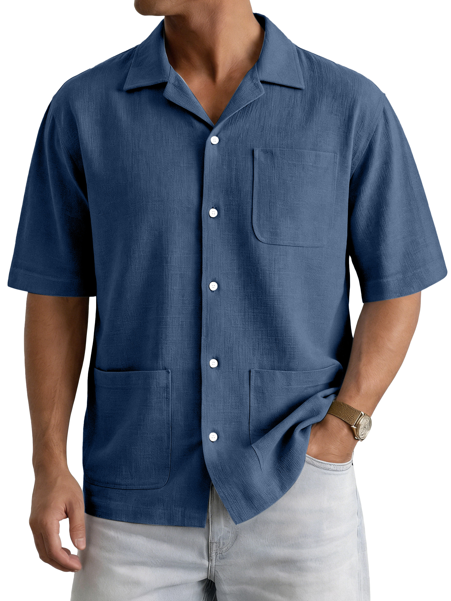 Men's Casual Simple Solid Color Multi-Pocket Cuban Collar Short-Sleeve Shirt