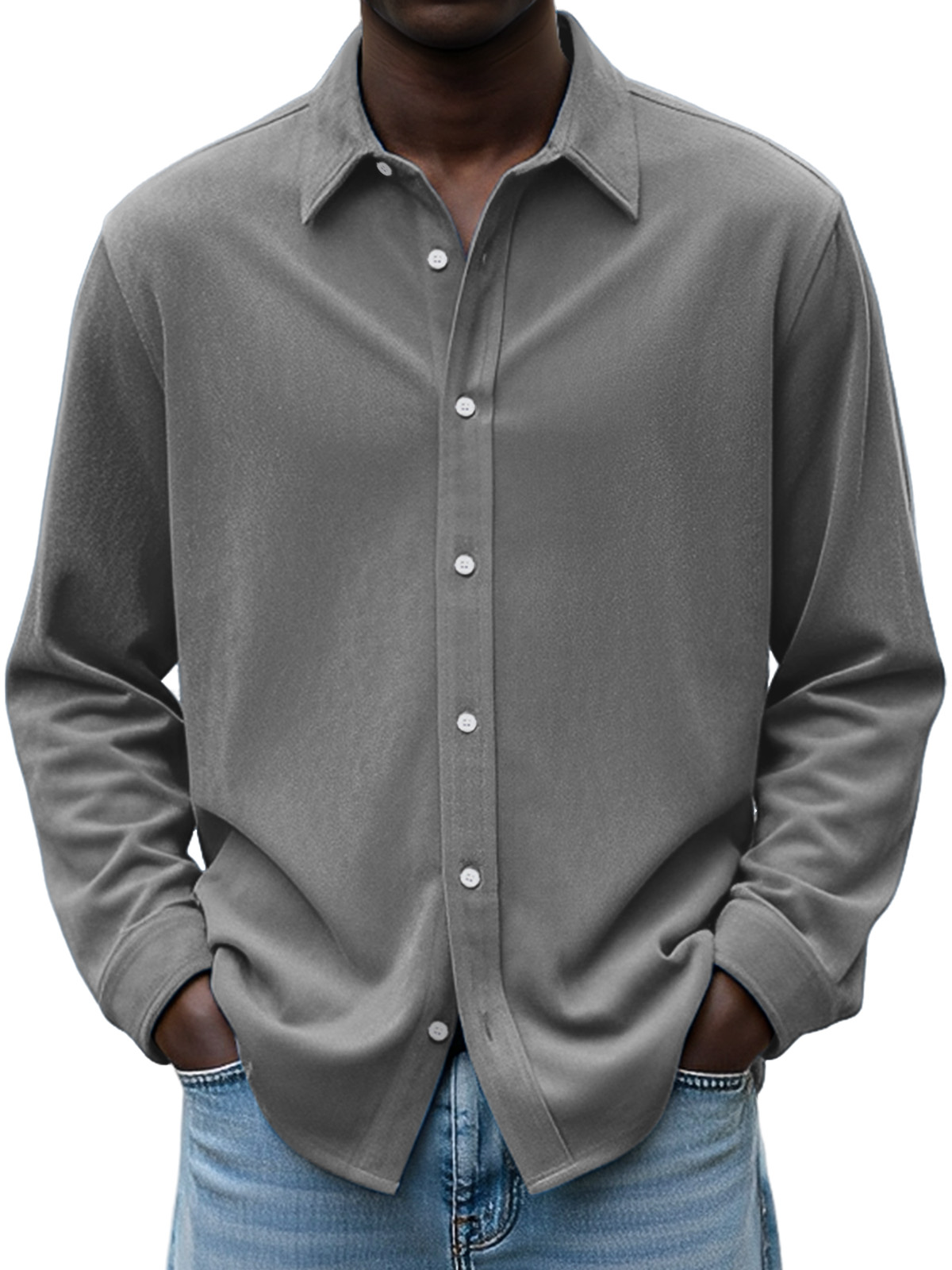 Men's Simple Daily Casual Design Suede Solid Color Lapel Long-sleeved Shirt