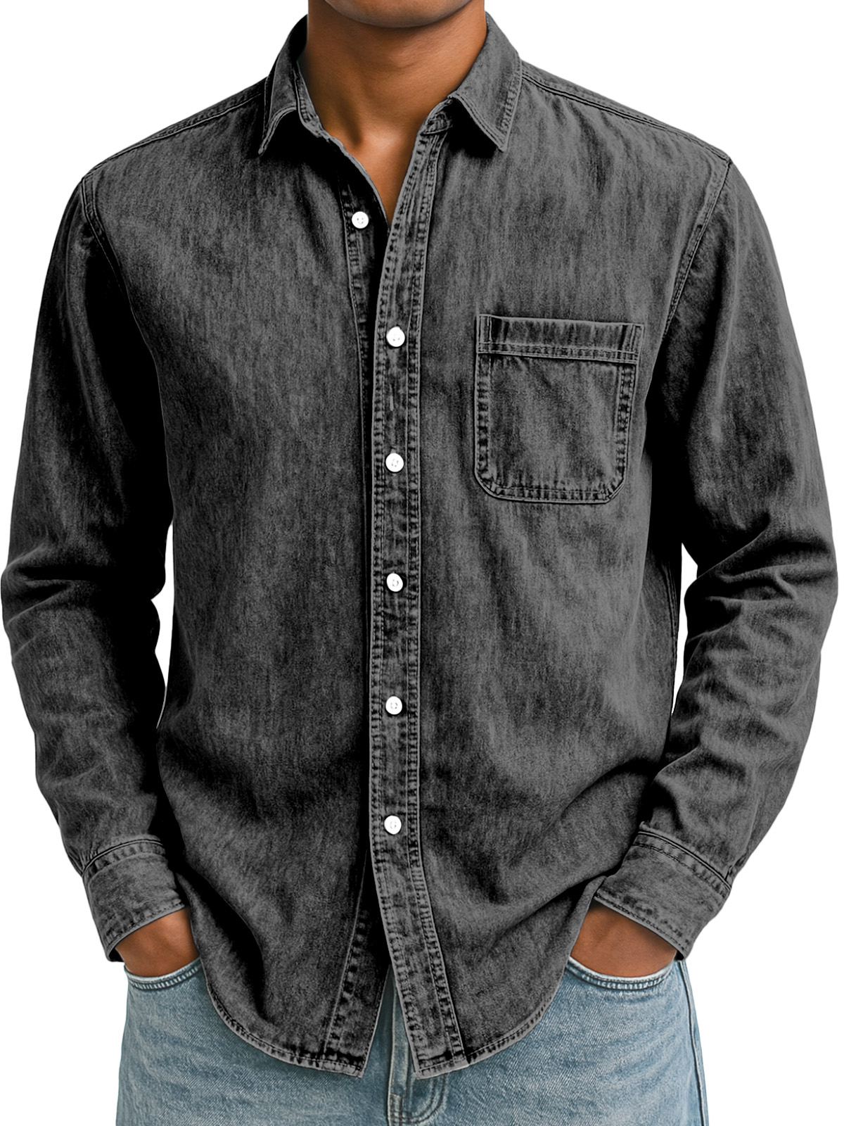 Men's Simple Retro Solid Color Lapel Long-sleeved Shirt