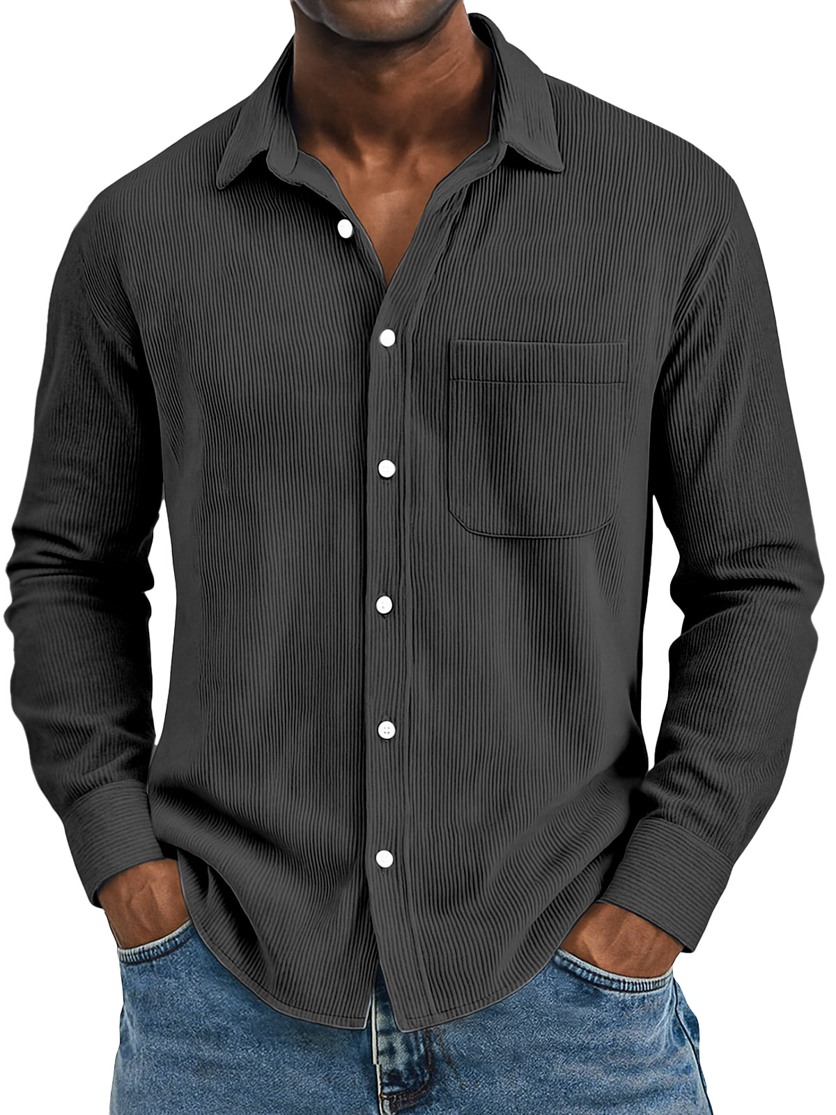 Men's Casual Solid Color Vertical Pit Strip Pocket Lapel Long-sleeved Shirt