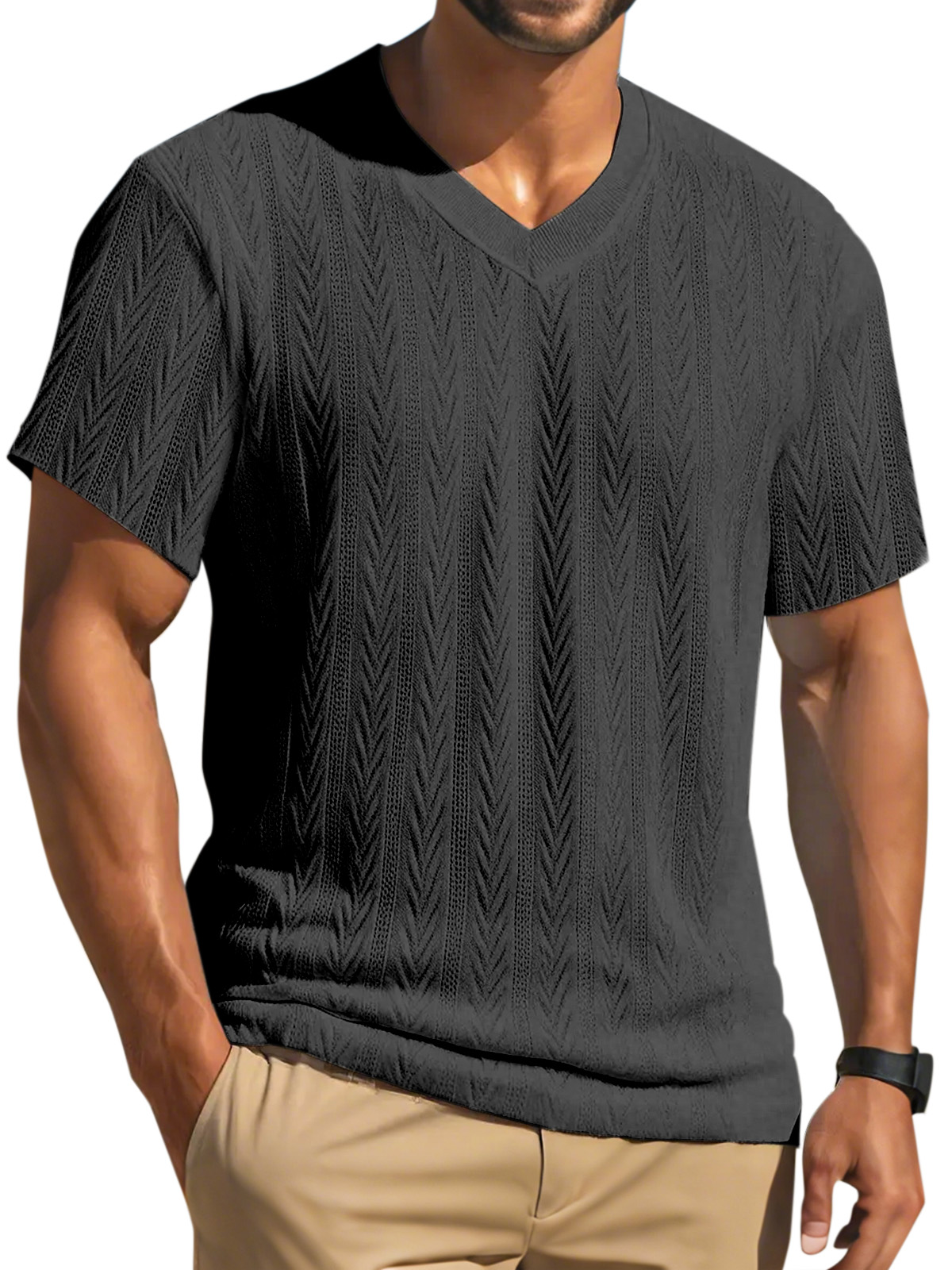 Men's Simple Solid Color Texture Short-sleeved Round Neck T-shirt