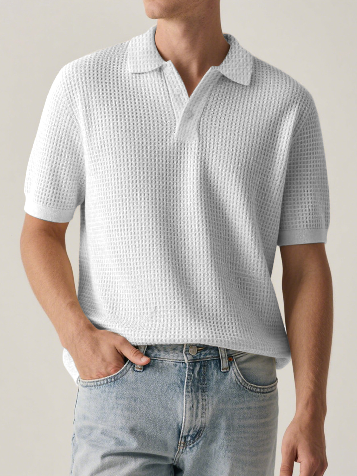 Men's Everyday Solid Color Waffle Short Sleeve Lapel Polo Shirt