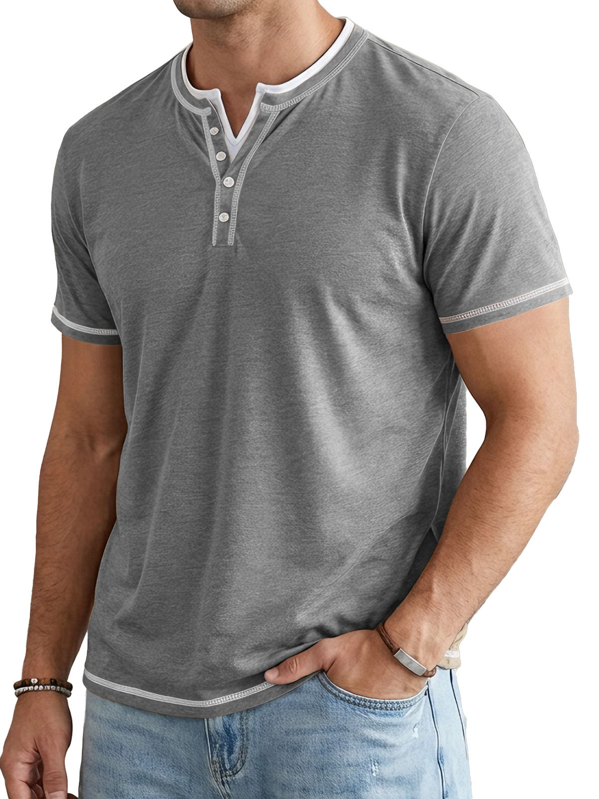 Men's Short Sleeve Color Block Fake Two Piece Henley Shirt