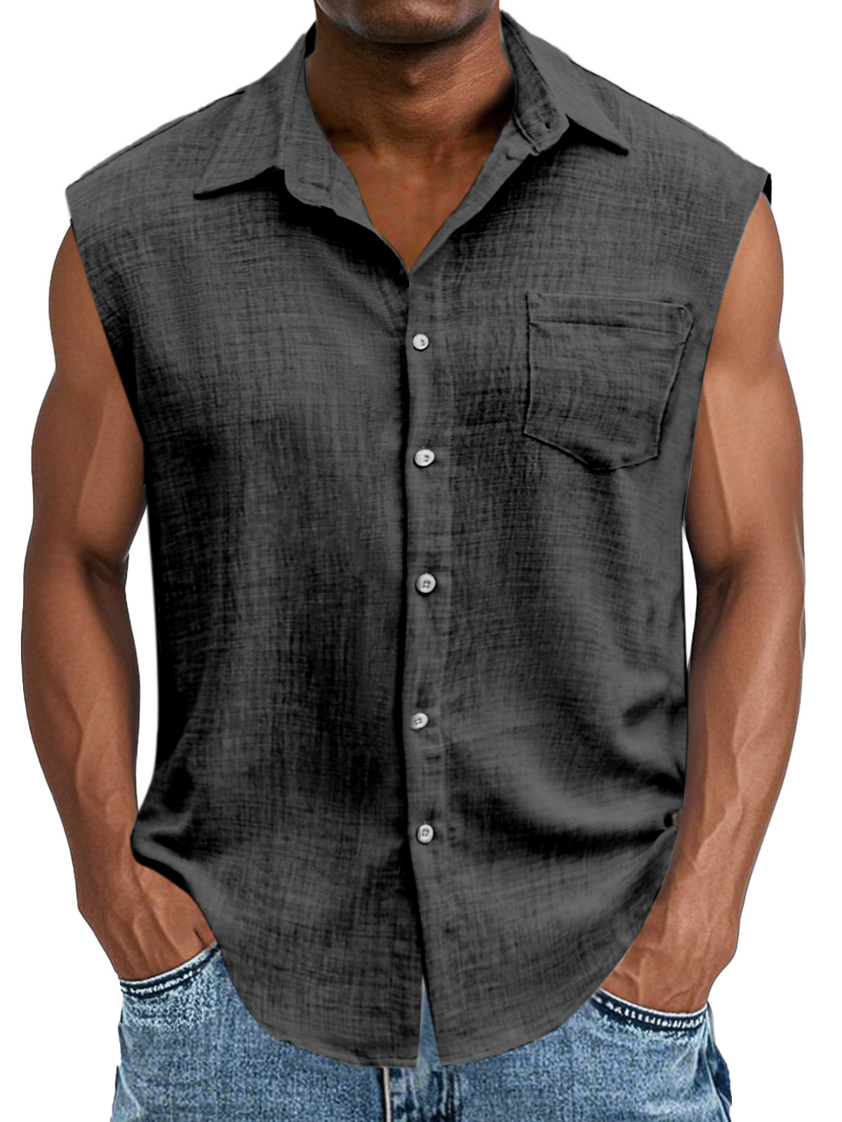 Men's Casual And Comfortable Imitation Linen Button Sleeveless Lapel Shirt