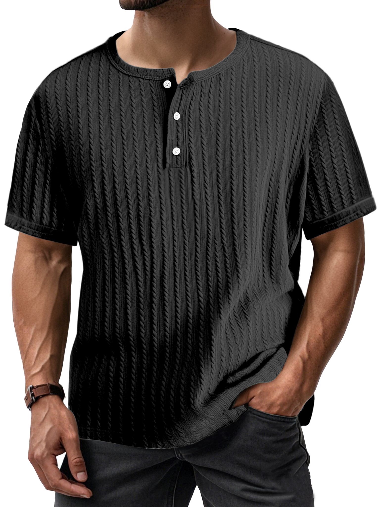 Men's Simple Casual Textured Short-sleeved Henley Shirt