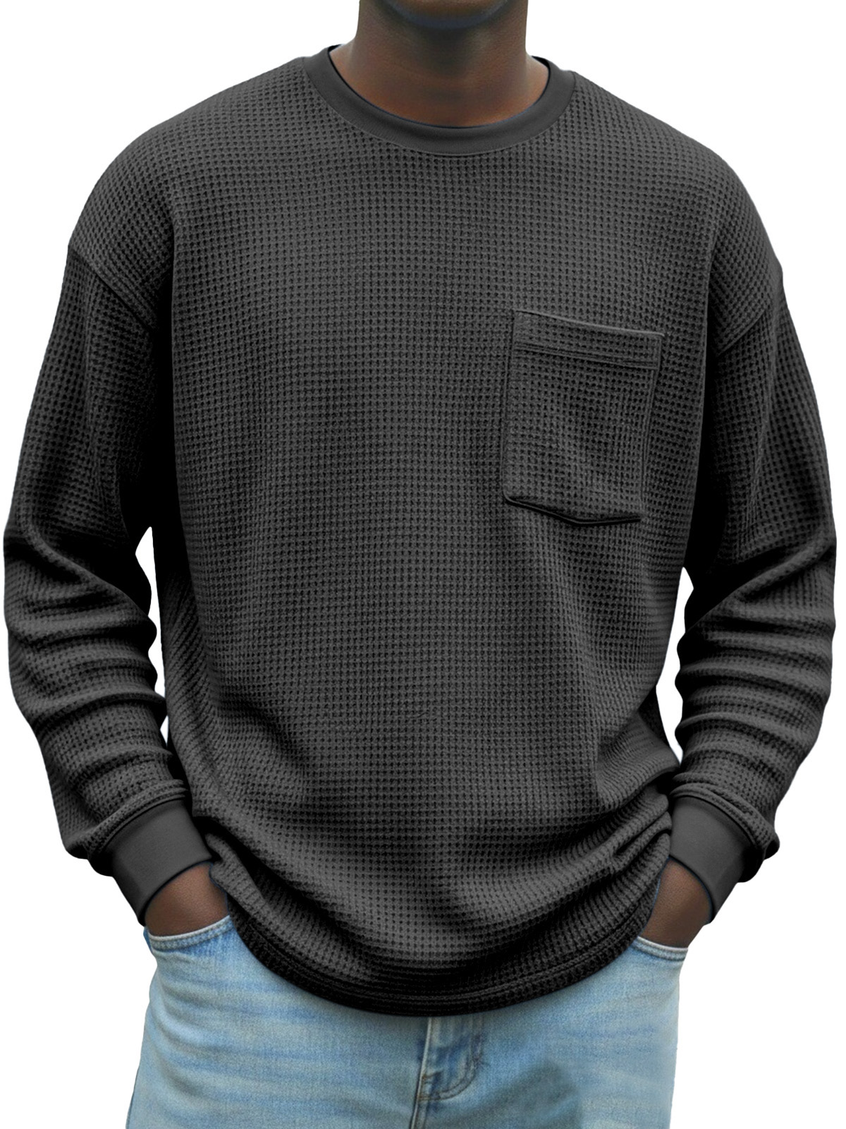 Men's Stylish Waffle-knit Pocket Long-sleeved Crew Neck T-shirt