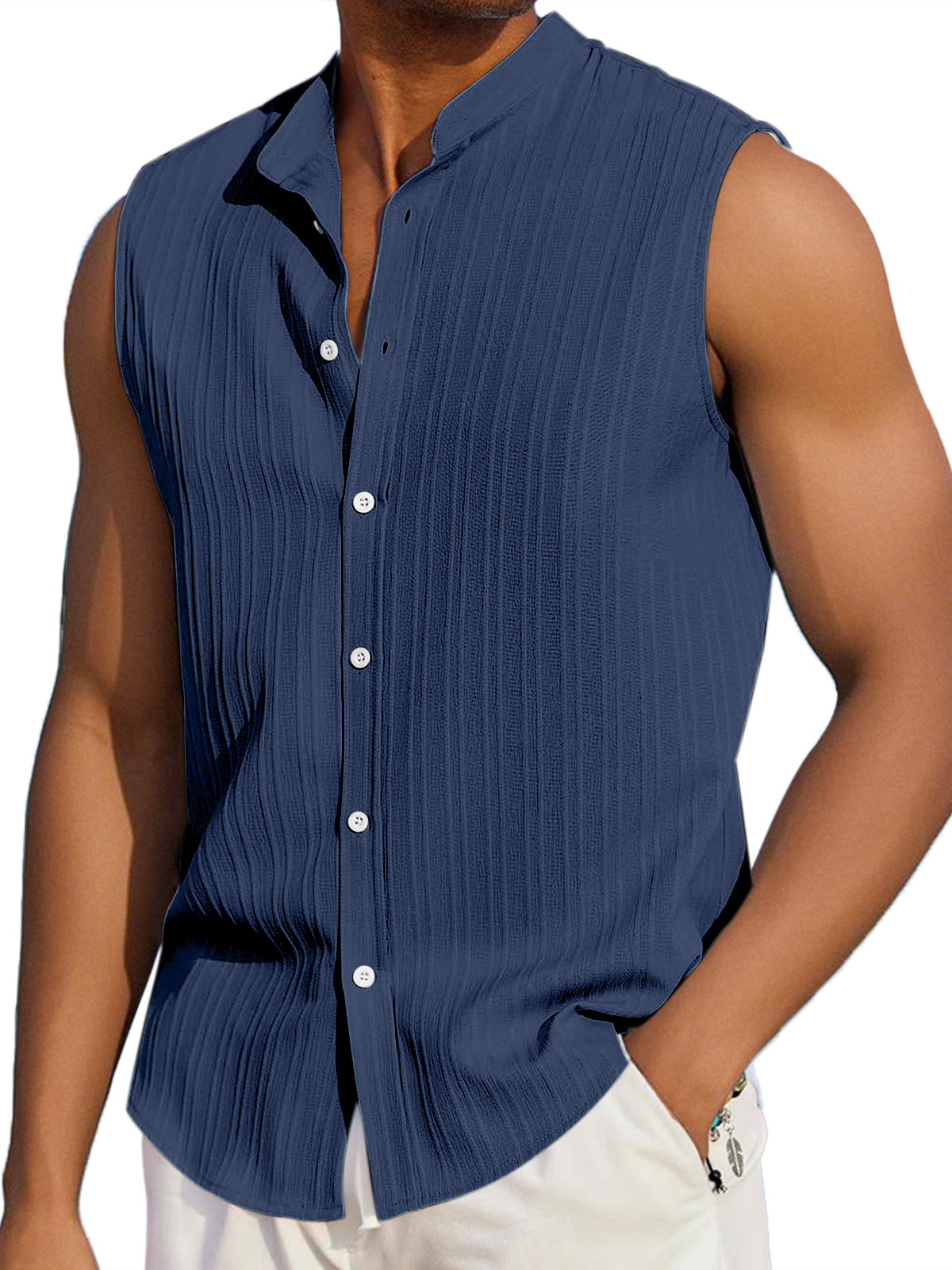 Men's Summer Casual Solid Color Vertical Stripe Loose Lapel Button Sleeveless Shirt