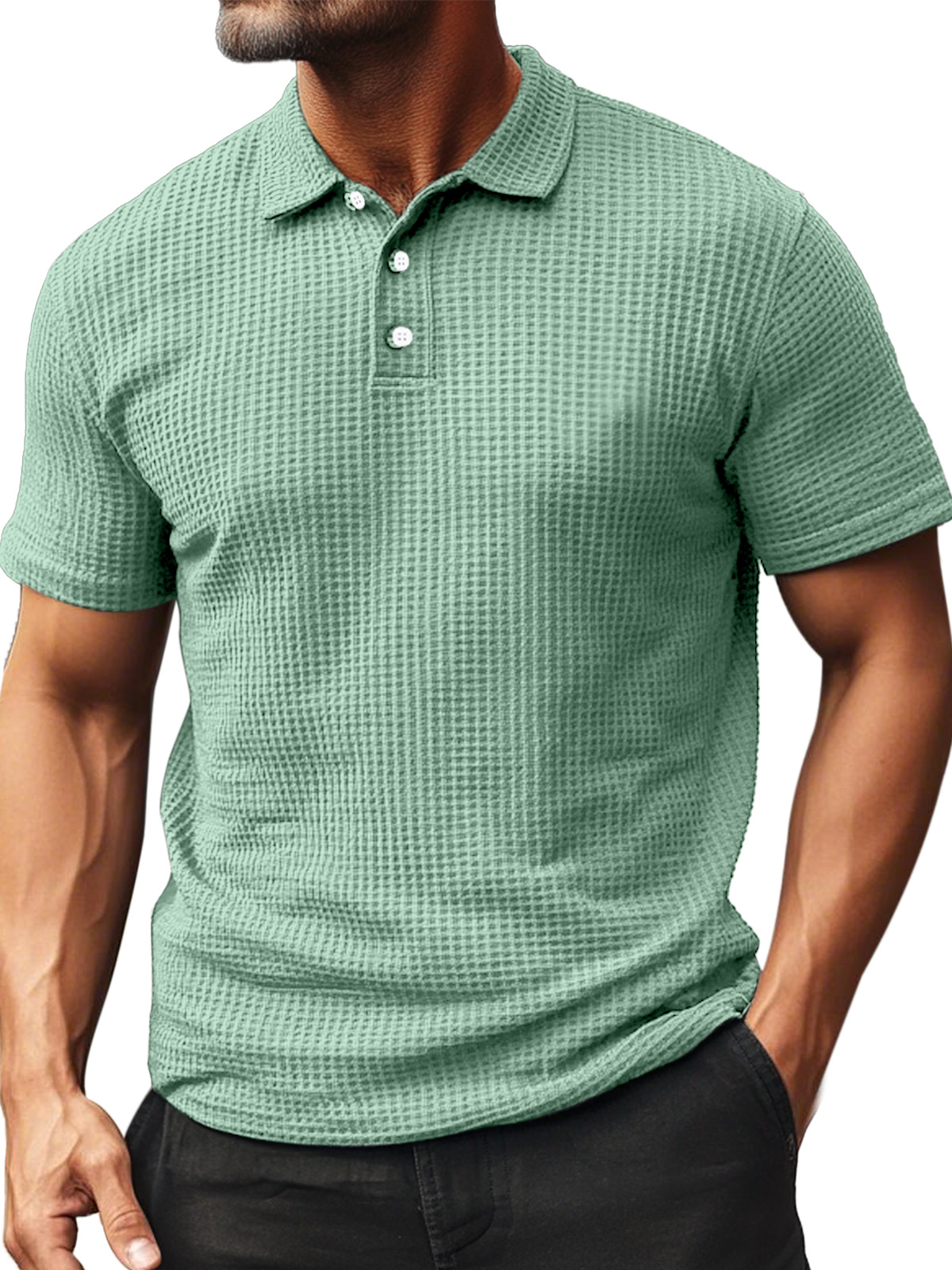 Men's Summer Daily Waffle Texture Short Sleeve Button-up Polo Shirt