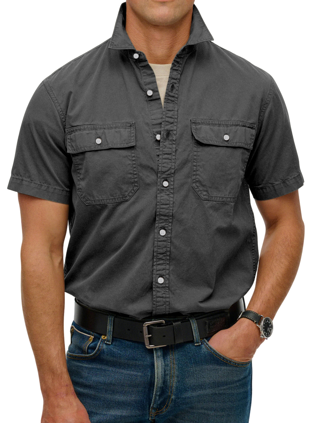 Men's simple double-pocket lapel button-down short-sleeved shirt