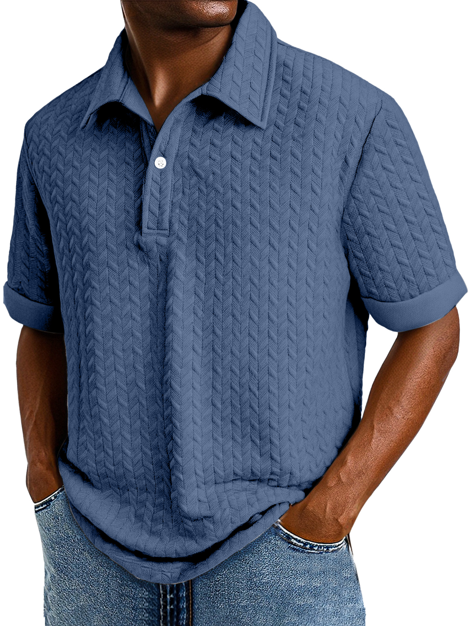 Men's Comfortable Solid Color Textured Short-sleeved Lapel Polo Shirt