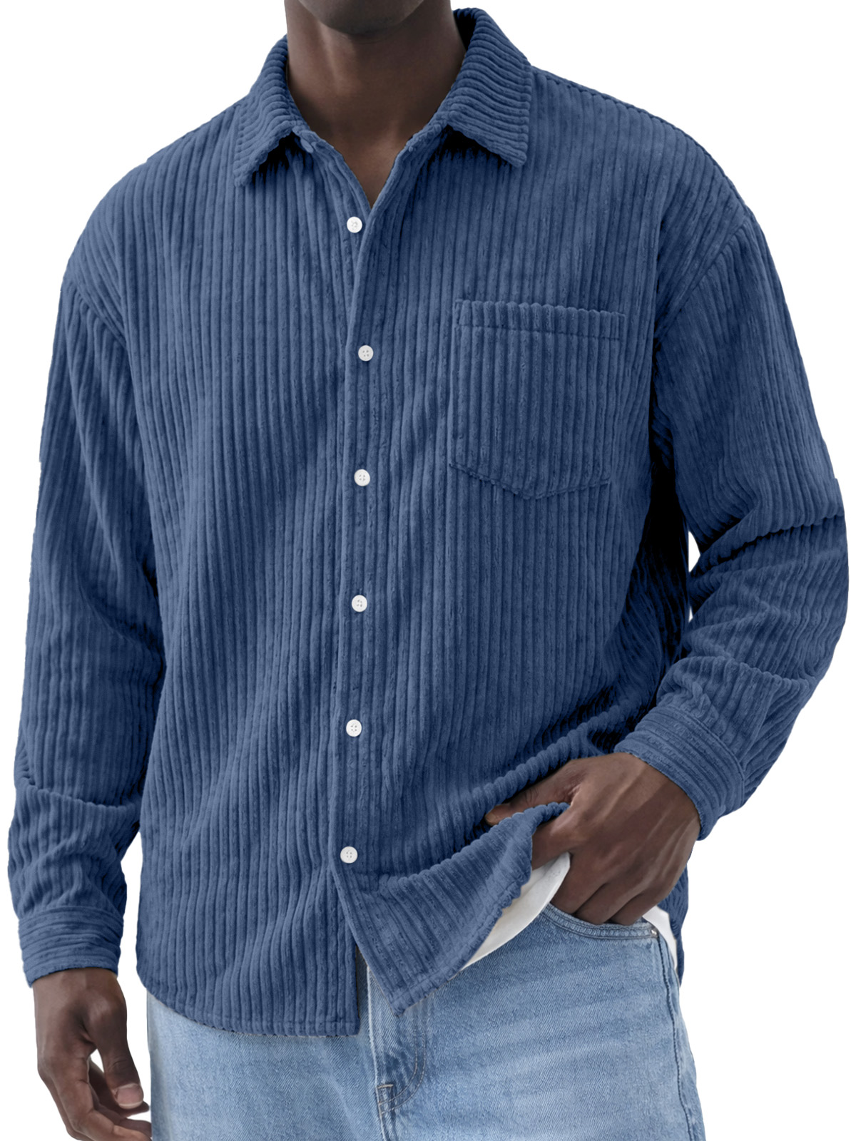 Men's Simple Solid Color Corduroy Long-Sleeve Polo Shirt