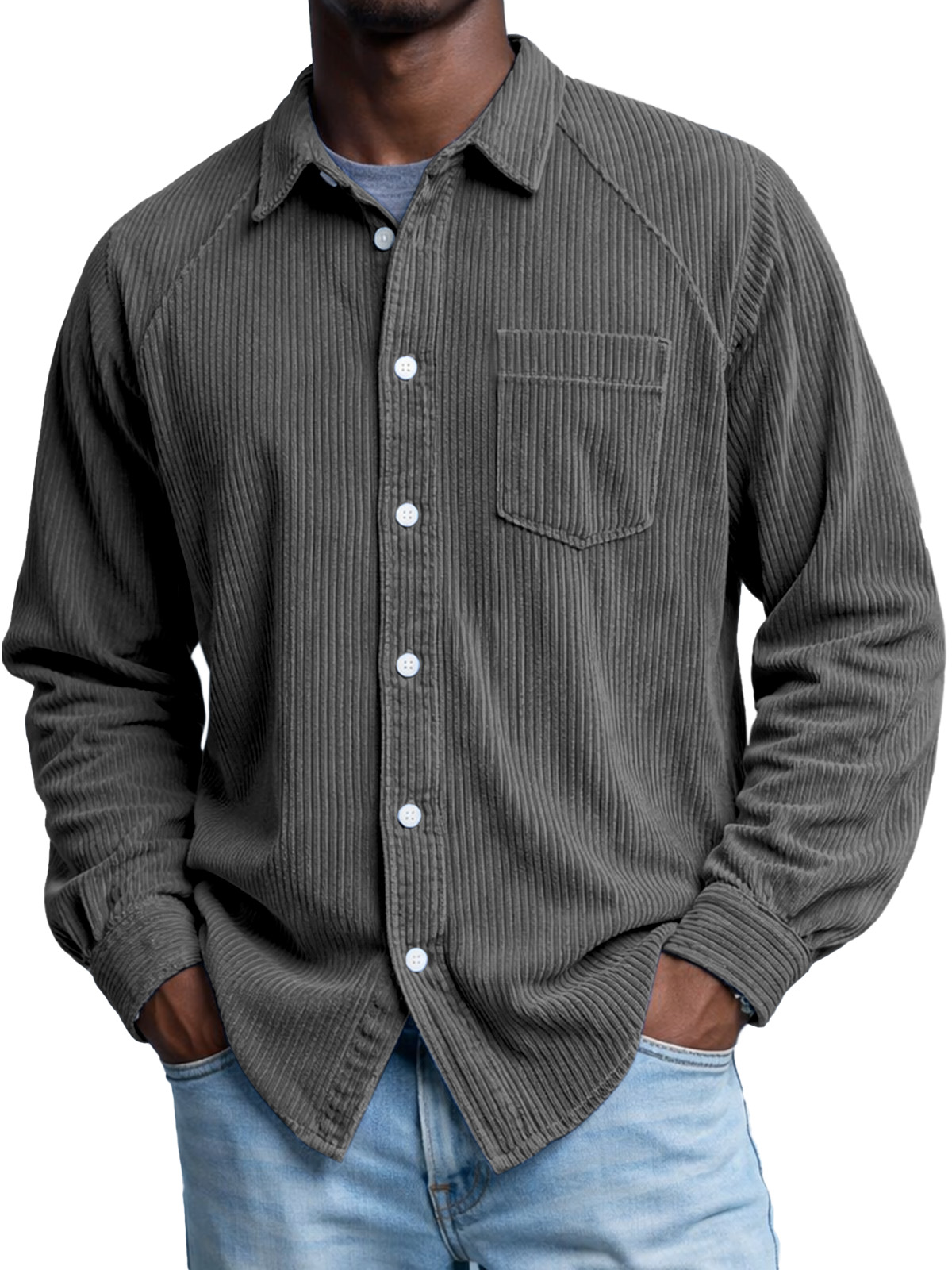 Men's Retro Corduroy Raglan Long-Sleeve Lapel Shirt