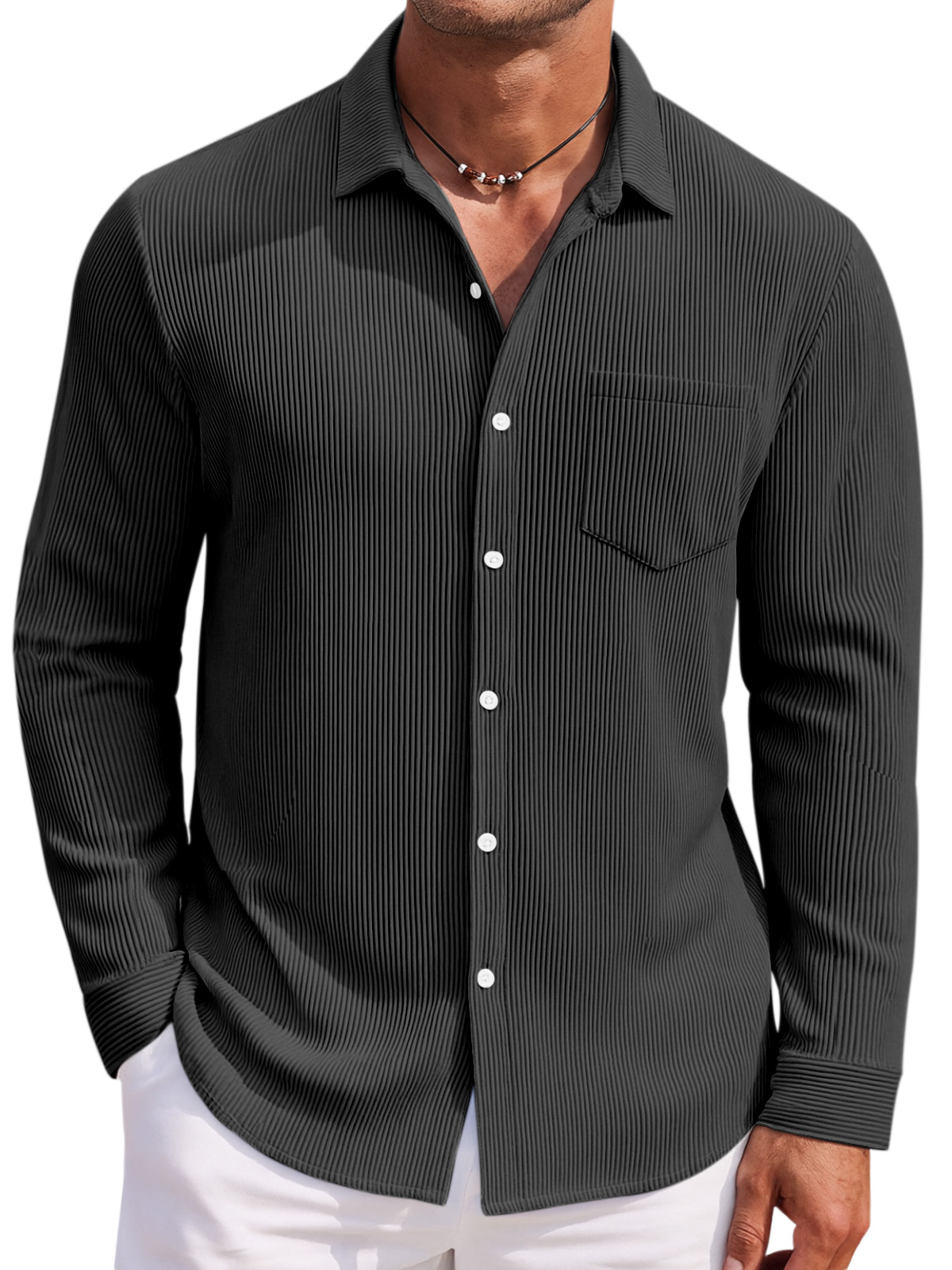 Men's Loose Daily Breathable Solid Color Vertical Pit Strip Long-sleeved Shirt