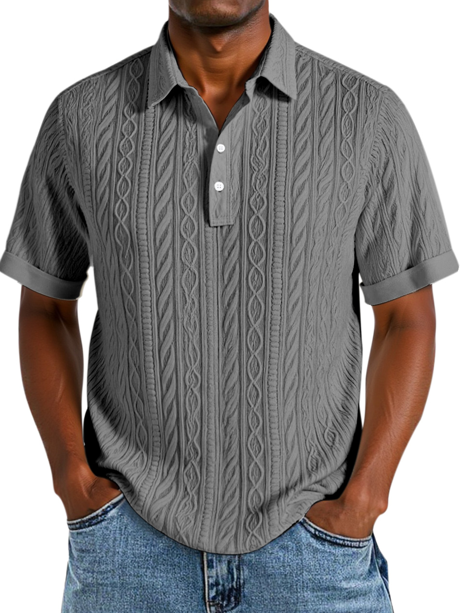 Men's Comfortable Solid Color Textured Short-sleeved Lapel Polo Shirt