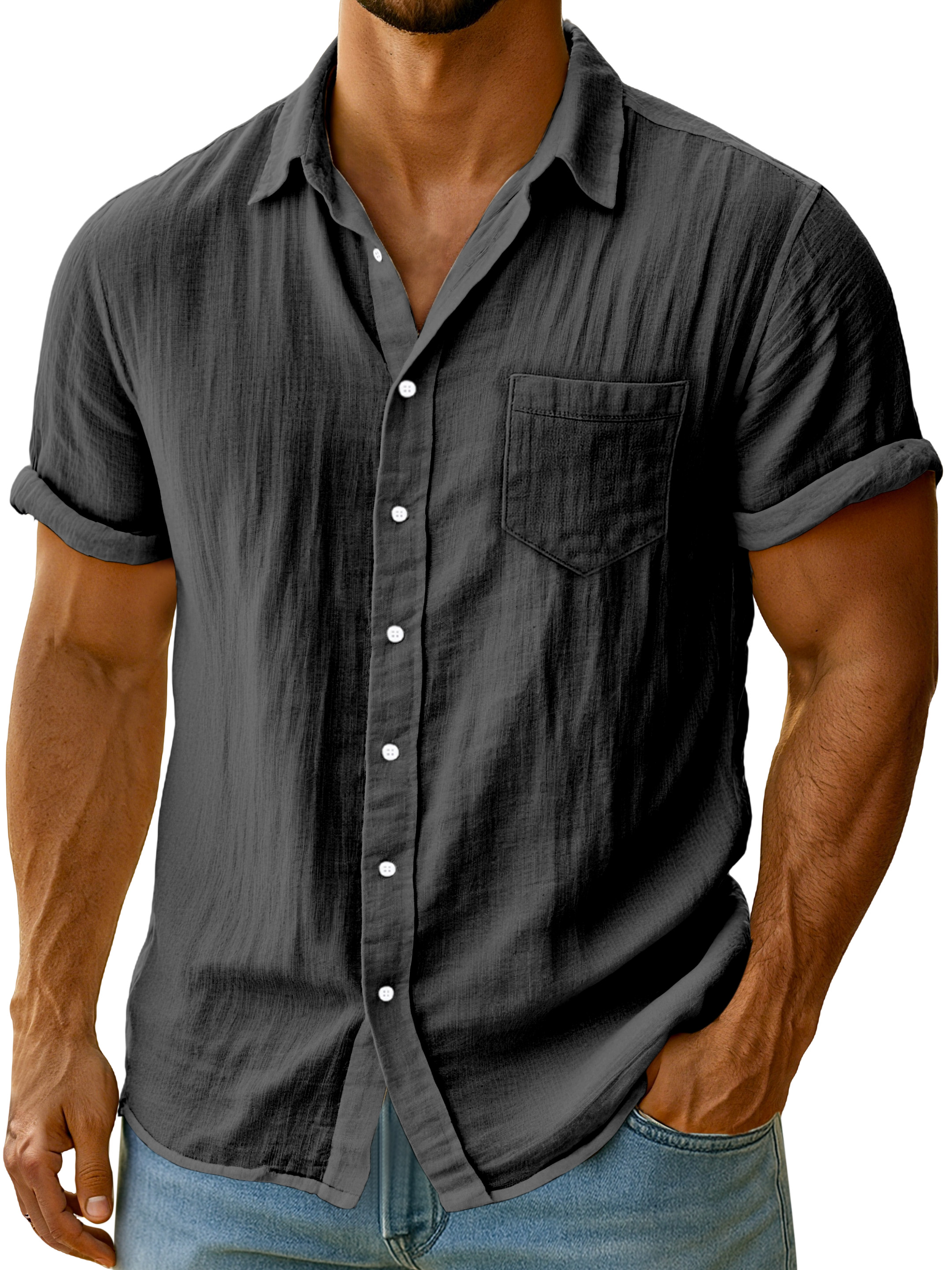 Men's Casual Solid Color Breathable Imitation Linen Button Short-sleeved Shirt