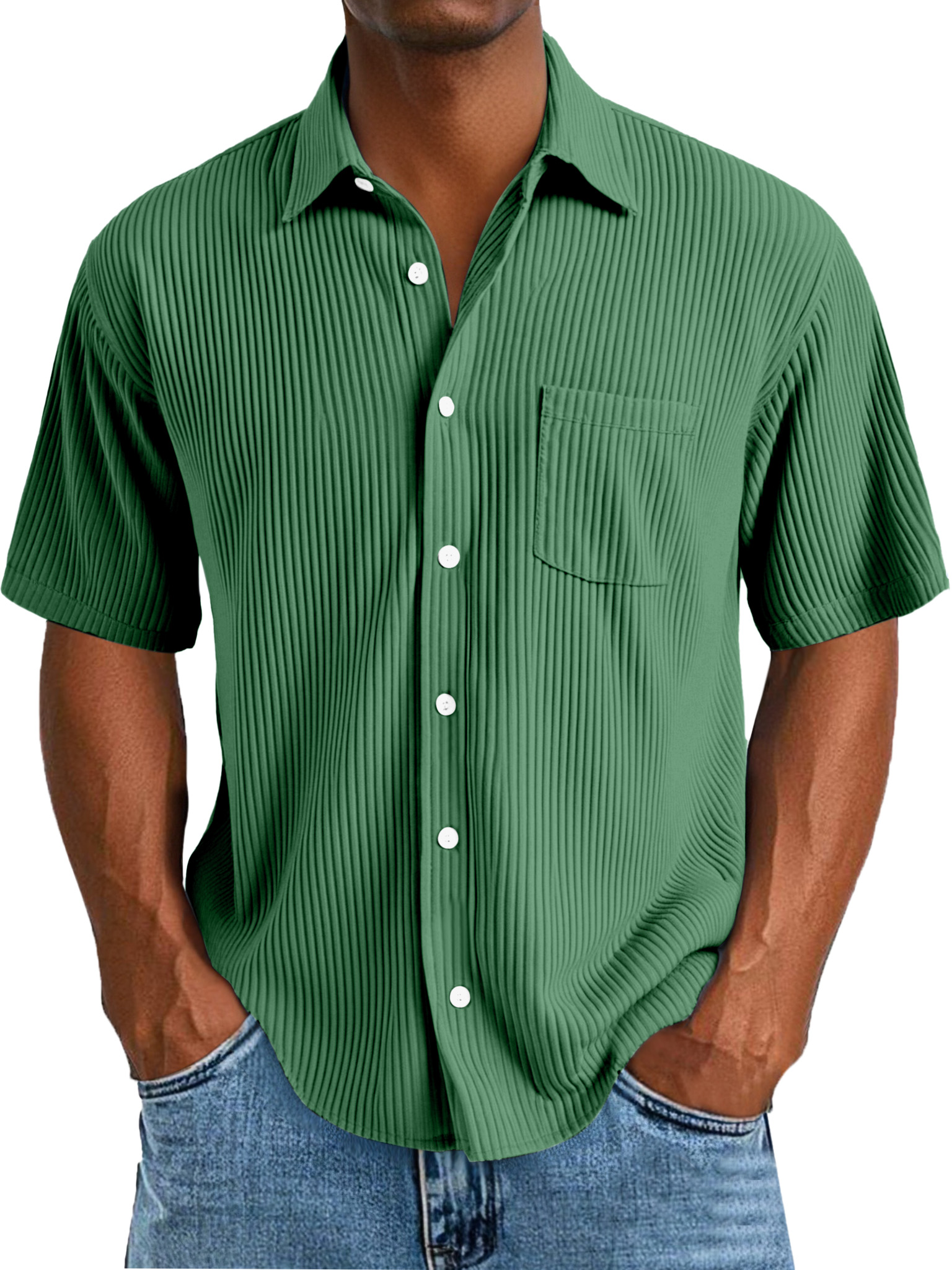 Men's Daily Casual Solid Color Vertical Pit Short-sleeved Lapel Shirt
