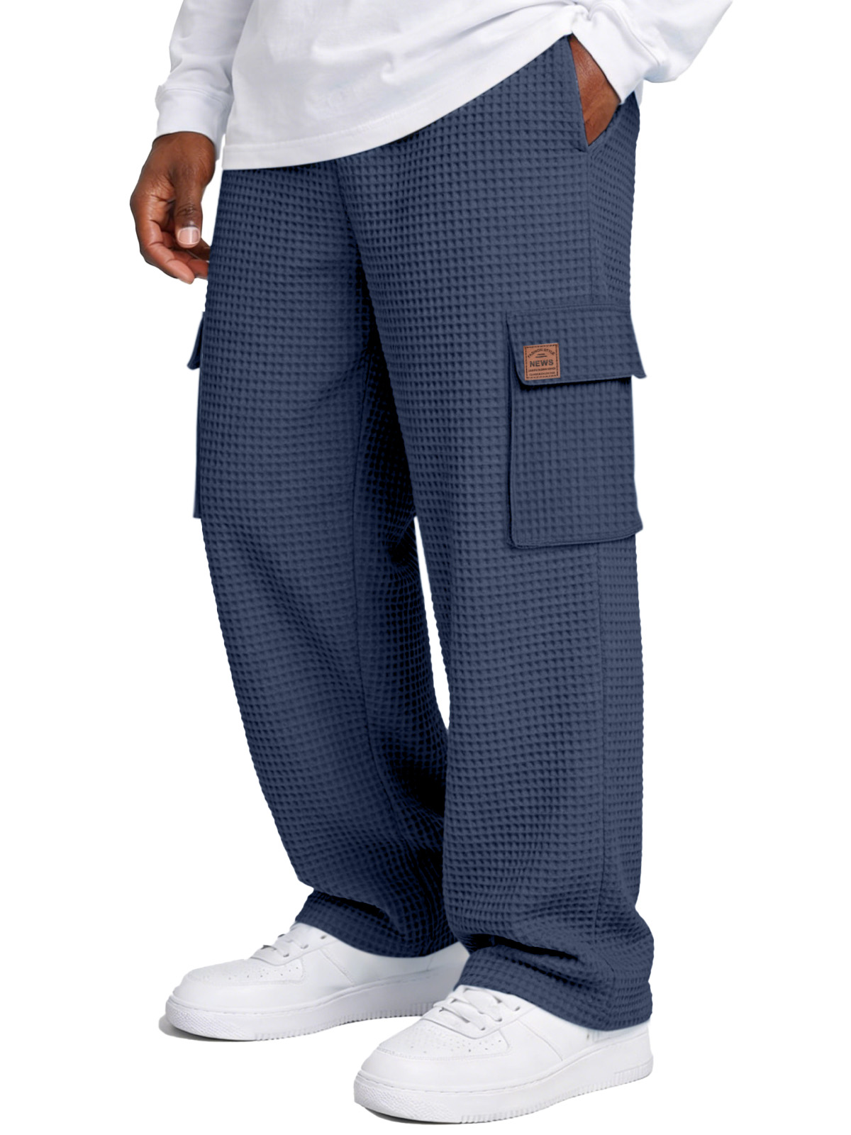 Simple Waffle-knit Loose Casual Straight-leg Pants With Pockets