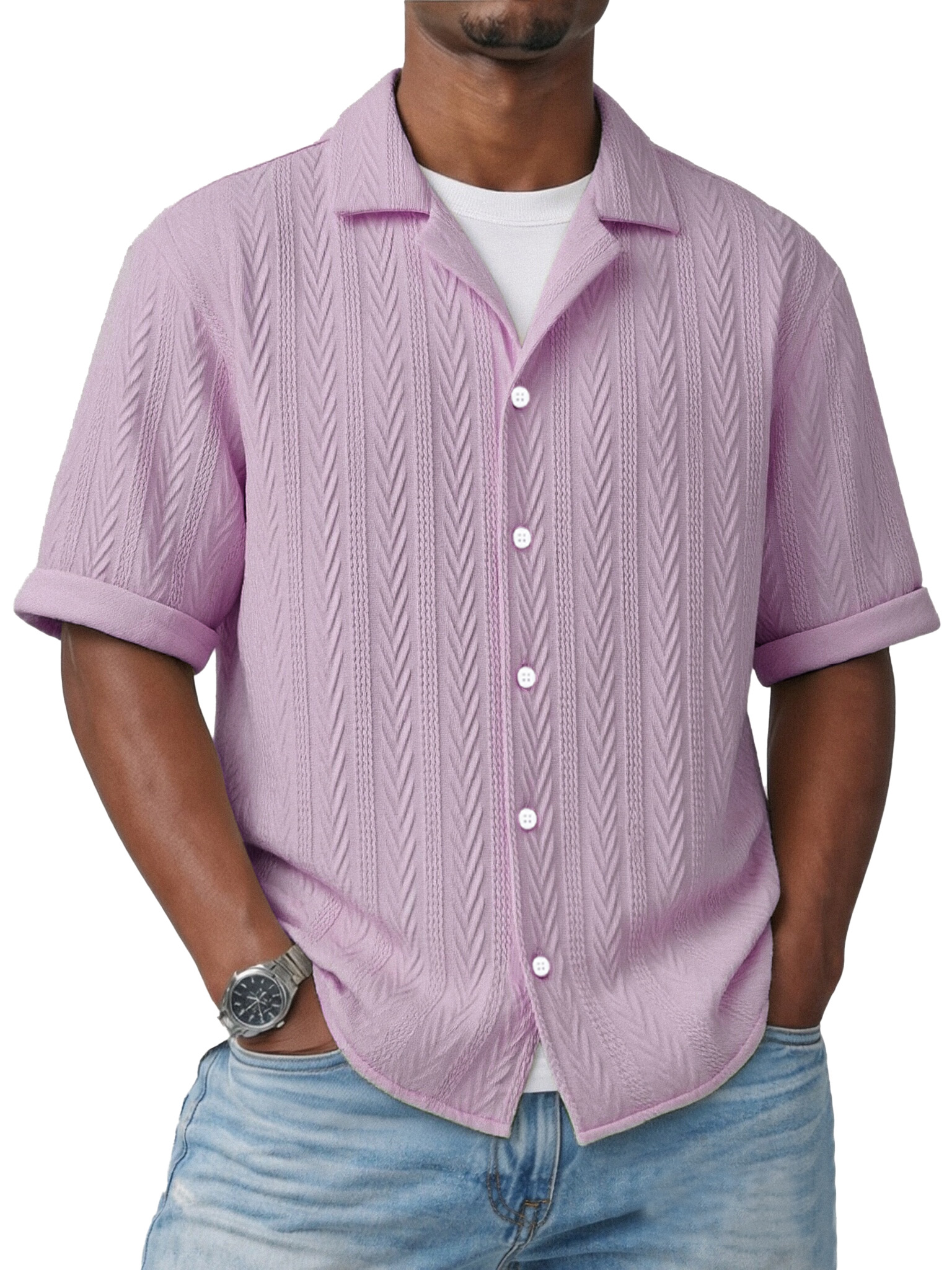 Simple Everyday Textured Short-sleeved Cuban Collar Shirt