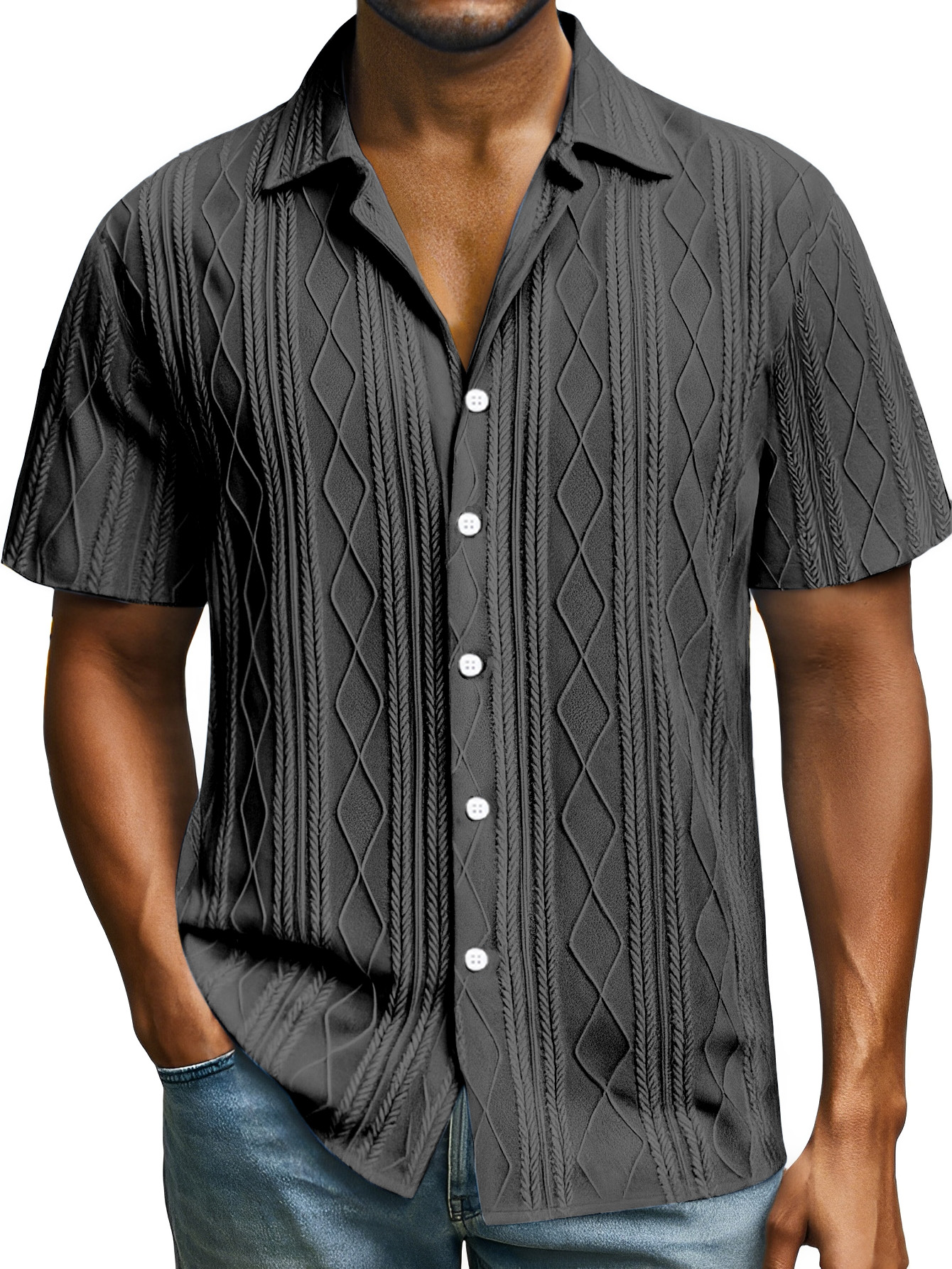 Men's Casual Daily Simple Solid Color Texture Button Lapel Short-sleeved Shirt