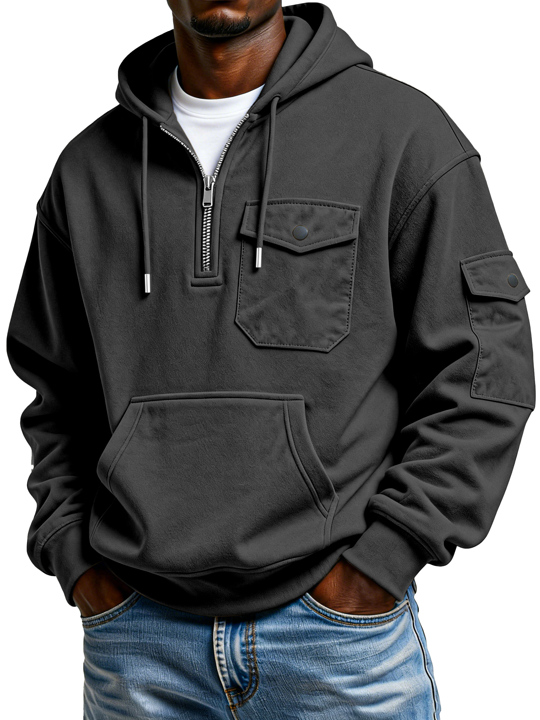 Men's Simple And Comfortable Multi-pocket Workwear Hooded Sweatshirt