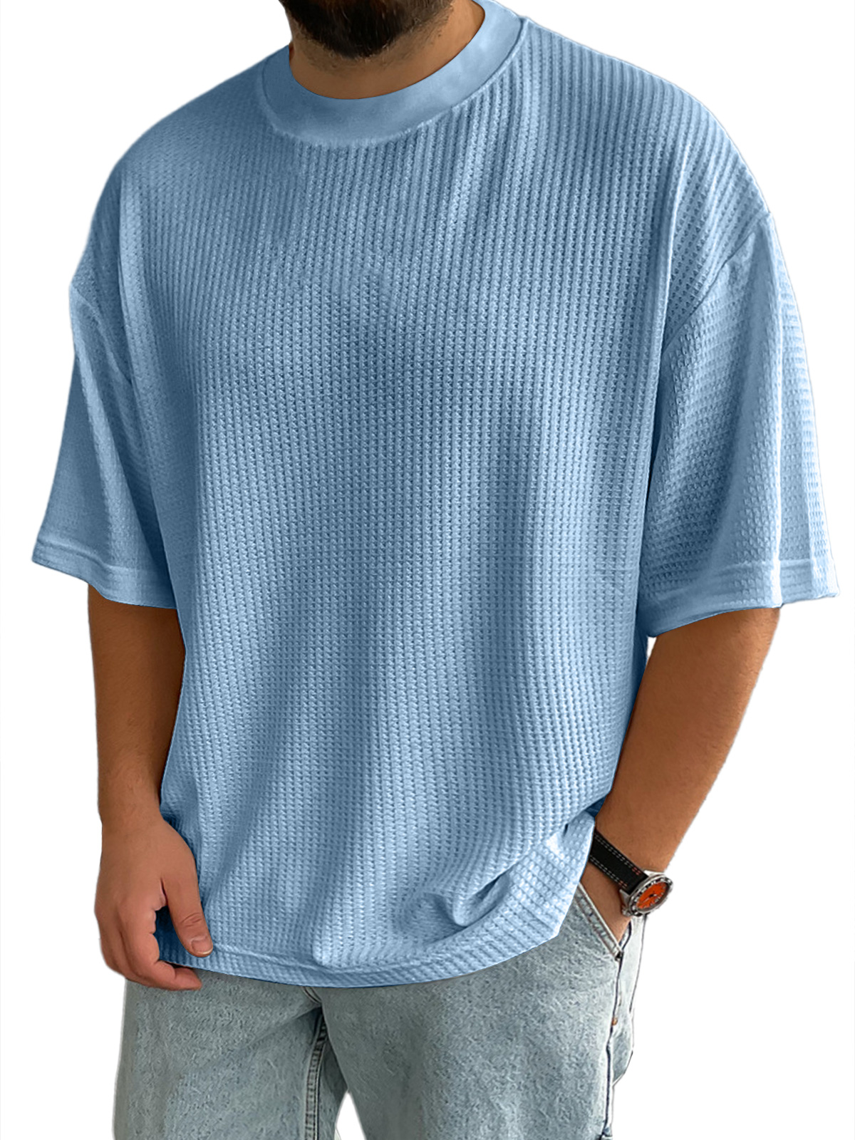 Men's Casual Textured Round Neck Solid Color Short-sleeved T-shirt